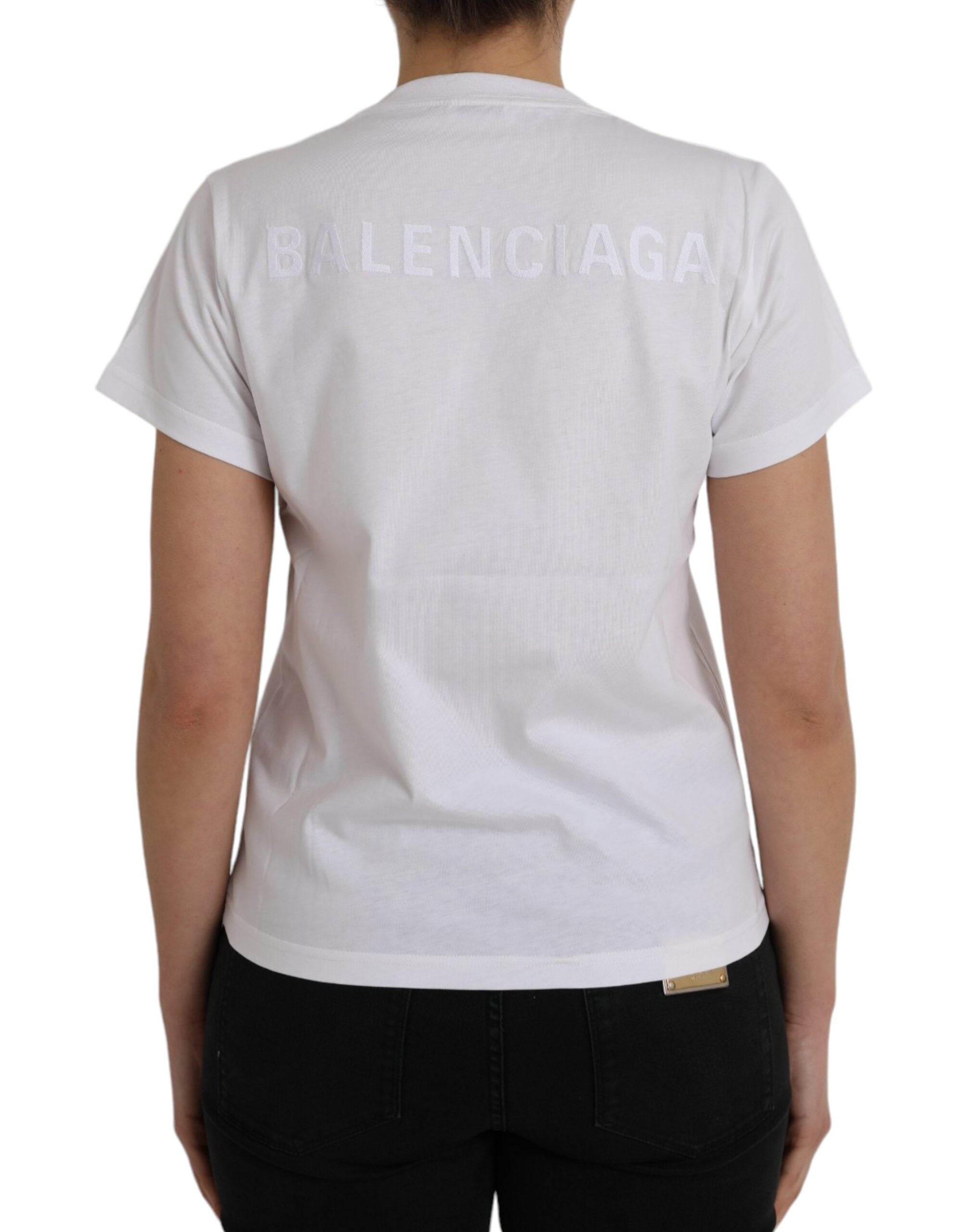 Tricou Balenciaga alb din bumbac cu guler rotund și mânecă scurtă