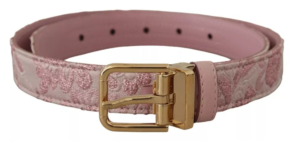 Curea Dolce & Gabbana roz cu cataramă metalică aurie, brodată cu Jaquard