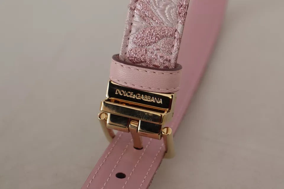 Curea Dolce & Gabbana roz cu cataramă metalică aurie, brodată cu Jaquard