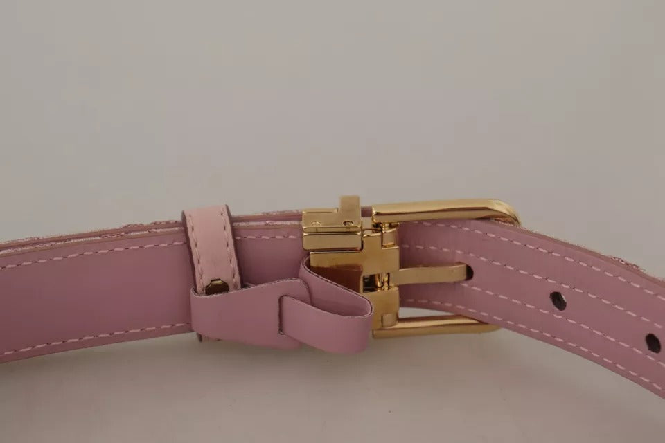 Curea Dolce & Gabbana roz cu cataramă metalică aurie, brodată cu Jaquard