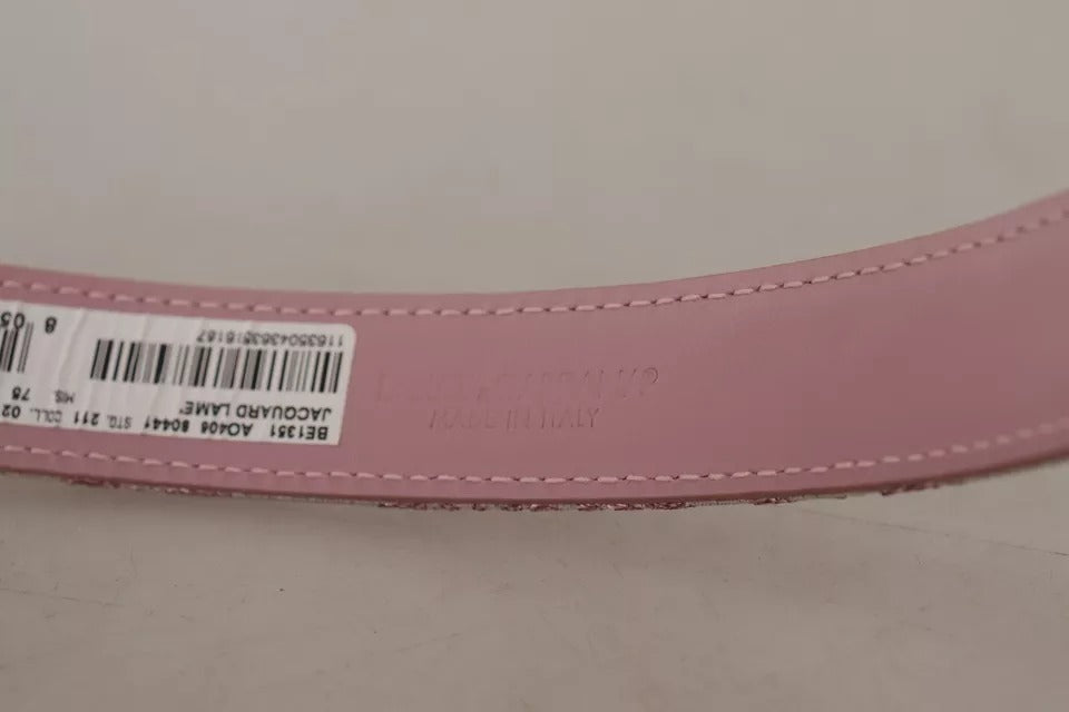 Curea Dolce & Gabbana roz cu cataramă metalică aurie, brodată cu Jaquard