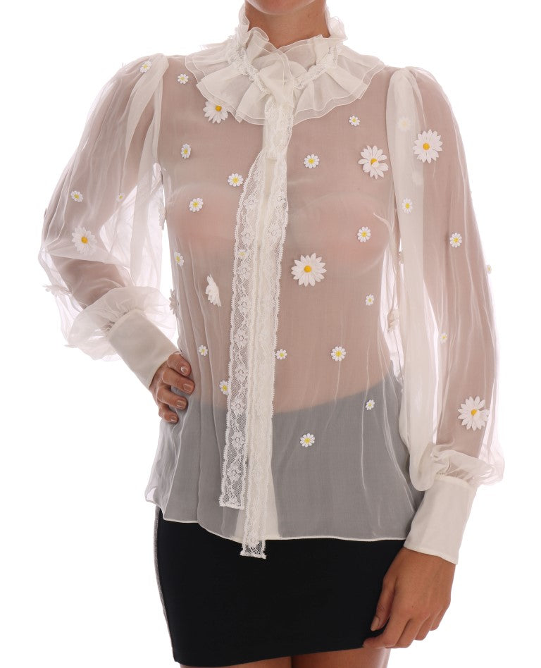 Dolce & Gabbana Elegante weiße Seidenbluse mit Gänseblümchenmuster