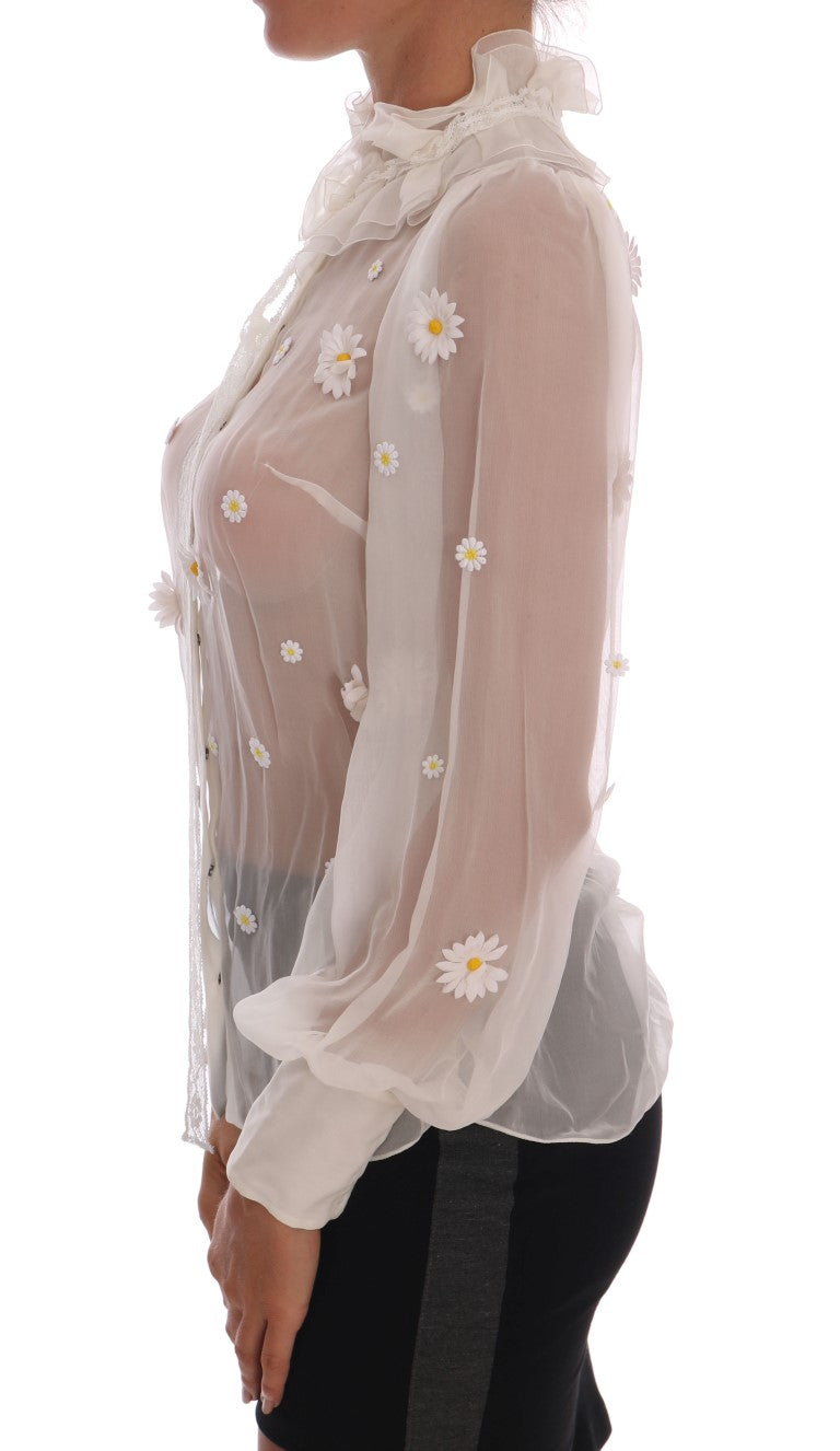 Dolce & Gabbana Elegante weiße Seidenbluse mit Gänseblümchenmuster