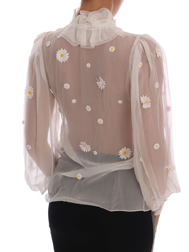 Dolce & Gabbana Elegante weiße Seidenbluse mit Gänseblümchenmuster