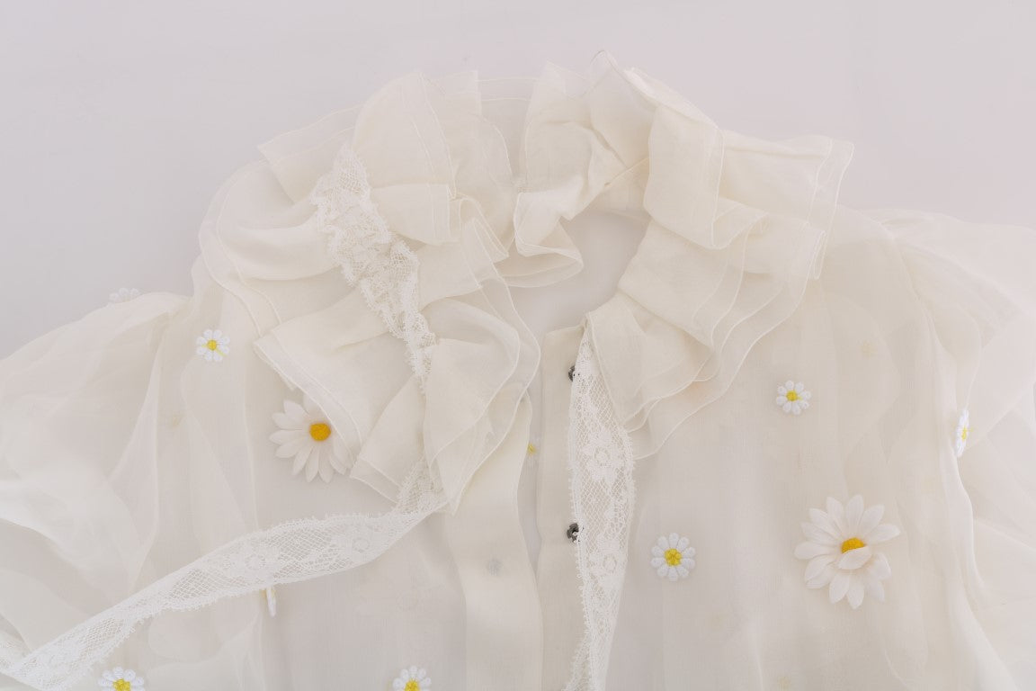 Dolce & Gabbana Elegante weiße Seidenbluse mit Gänseblümchenmuster