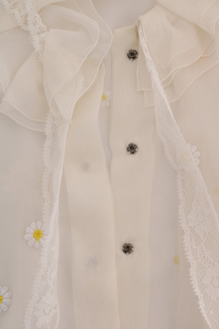 Dolce & Gabbana Elegante weiße Seidenbluse mit Gänseblümchenmuster