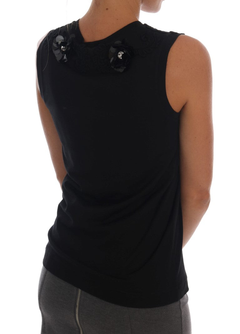 Dolce & Gabbana – Schwarze Camisole-Bluse mit Blumenmuster und Pailletten