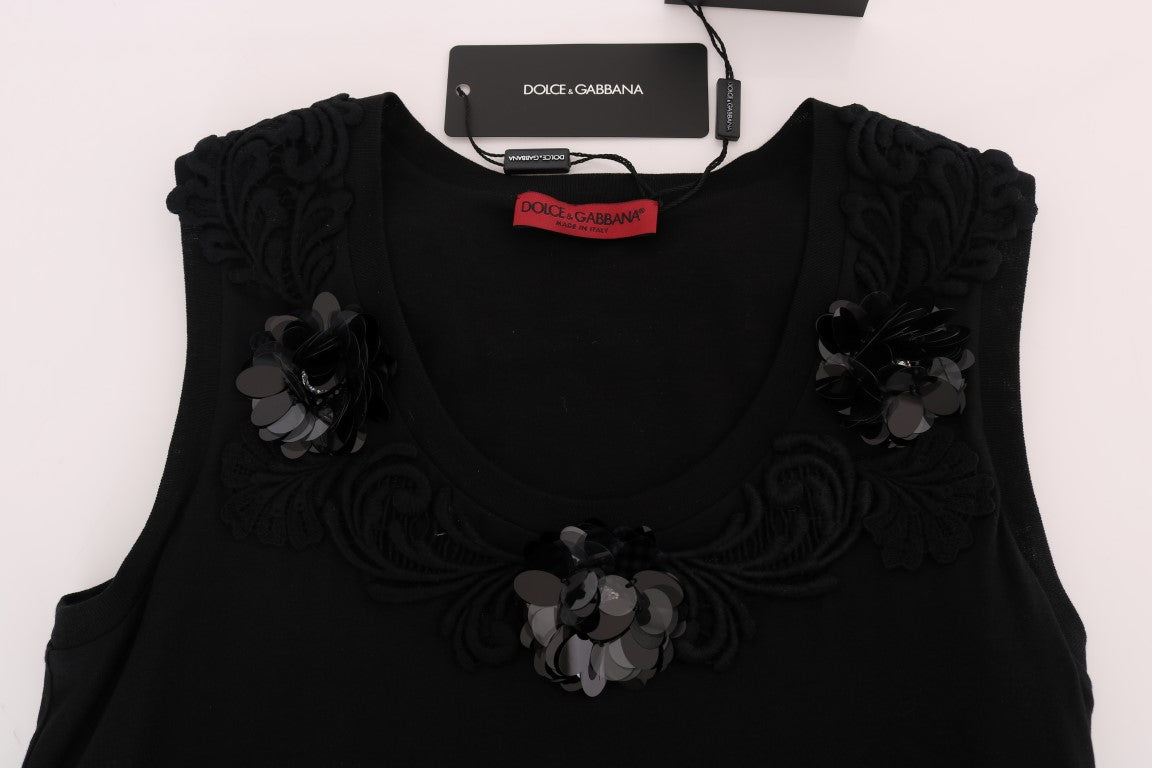 Dolce & Gabbana – Schwarze Camisole-Bluse mit Blumenmuster und Pailletten