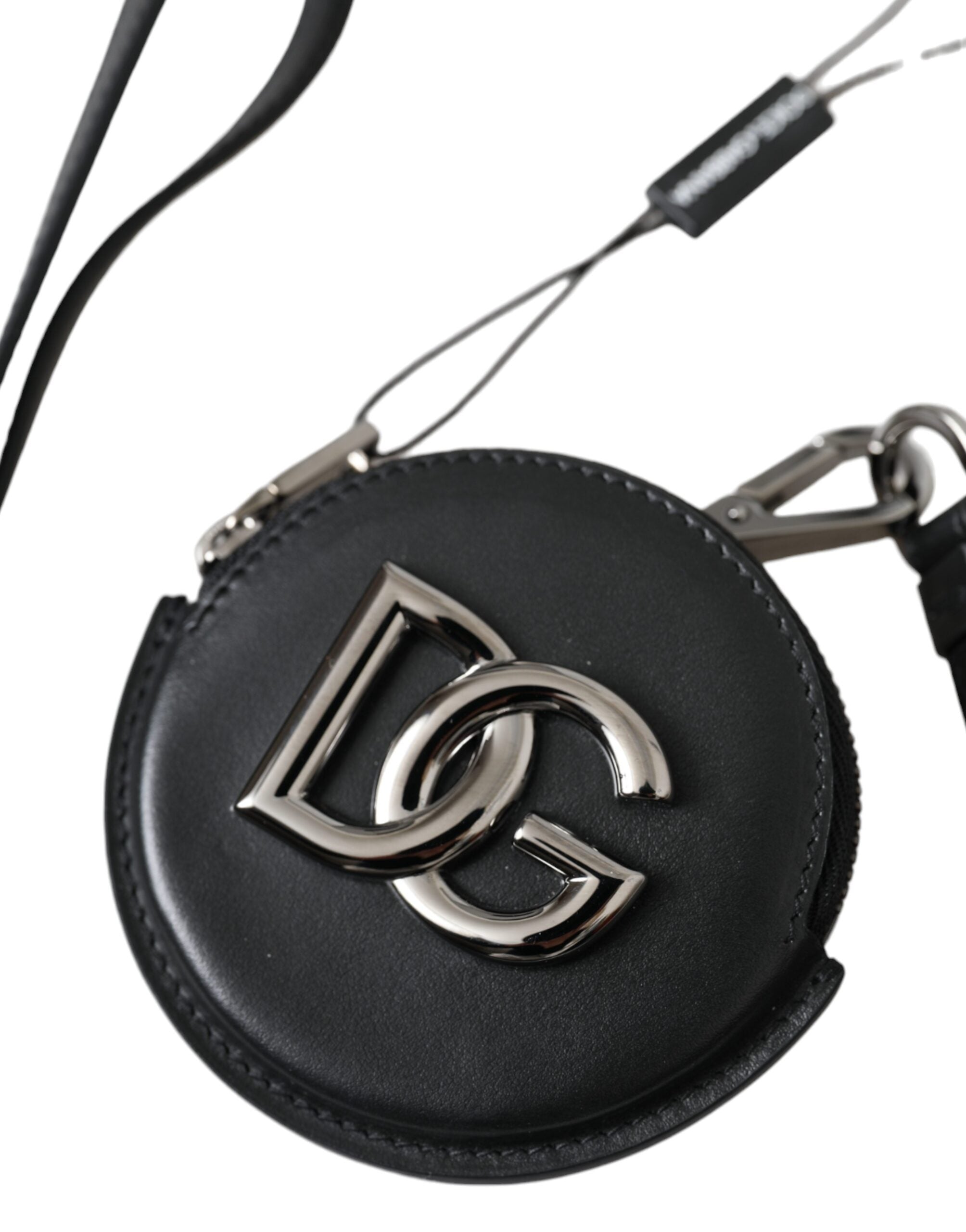 Portofel rotund din piele neagră Dolce & Gabbana cu logo DG și șnur