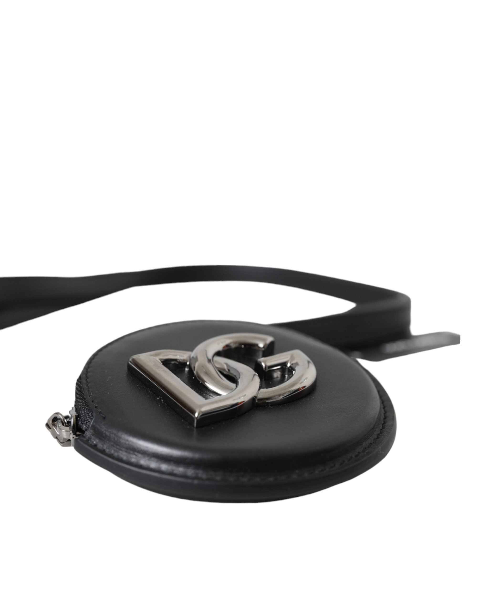 Portofel rotund din piele neagră Dolce & Gabbana cu logo DG și șnur
