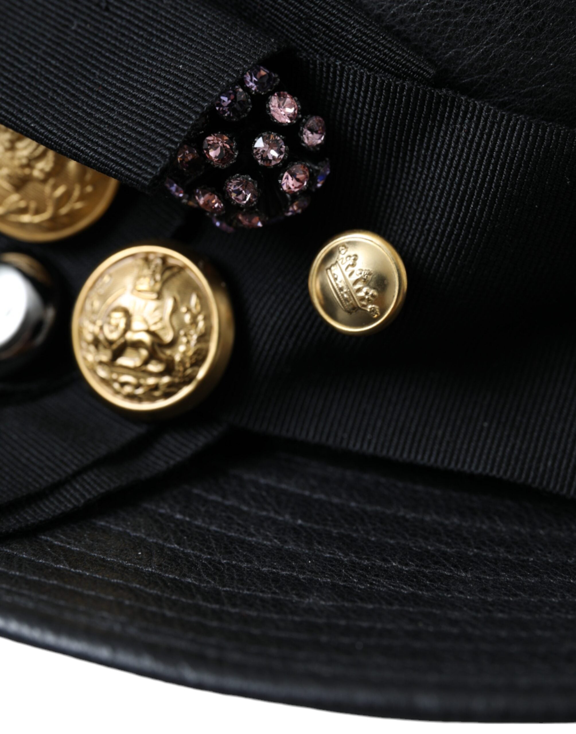 Pălărie Dolce & Gabbana din piele neagră cu bor larg și cristale DG Coin