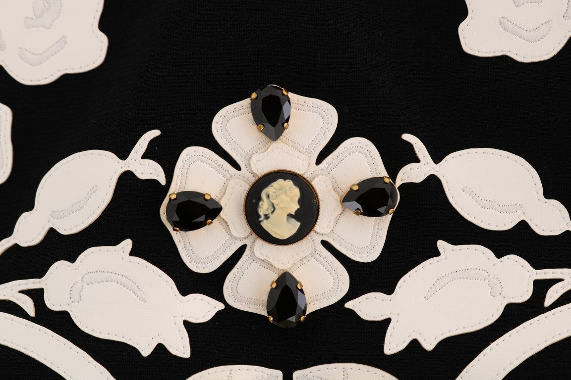 Dolce & Gabbana – Schwarz-weißer Bleistiftrock mit Blumenmuster und Barockkristallen