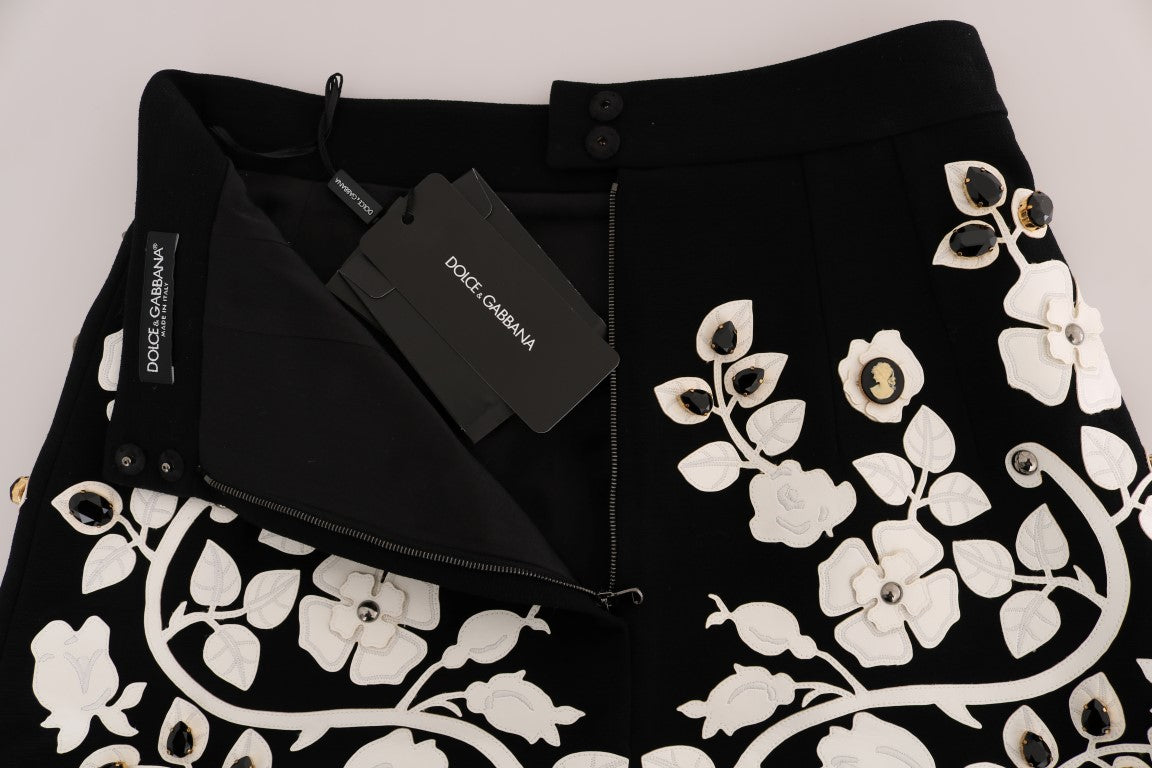Dolce & Gabbana – Schwarz-weißer Bleistiftrock mit Blumenmuster und Barockkristallen