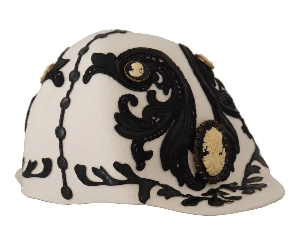 Pălărie Dolce & Gabbana din lână albă și neagră cu broșă Cameo brodată