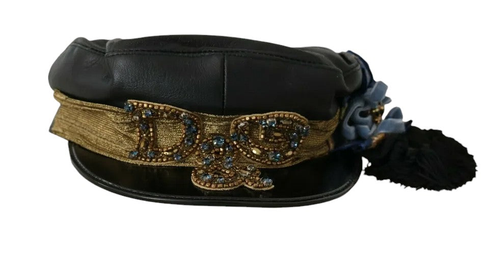 Șapcă Dolce & Gabbana Fiddler din piele neagră cu mărgele de cristal și panglică aurie