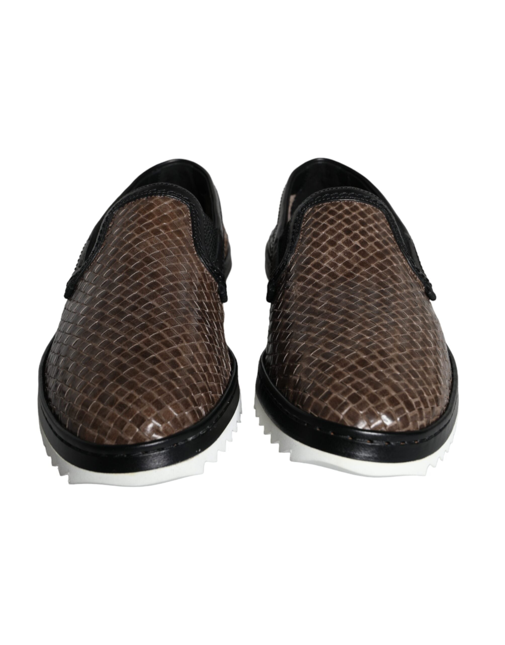 Dolce & Gabbana Braun Schwarz Leder Gewebte Herren Loafer Schuhe