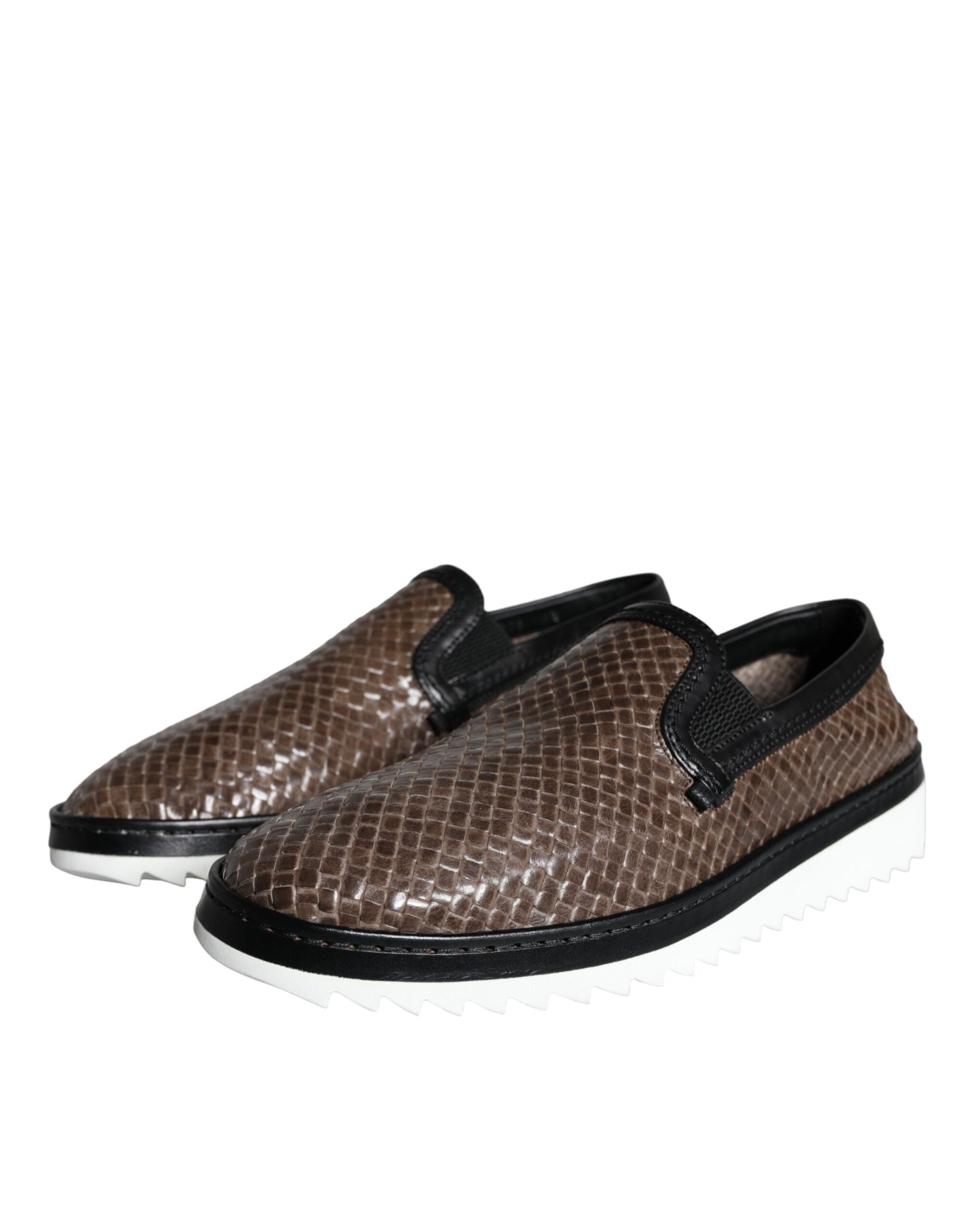 Dolce & Gabbana Braun Schwarz Leder Gewebte Herren Loafer Schuhe