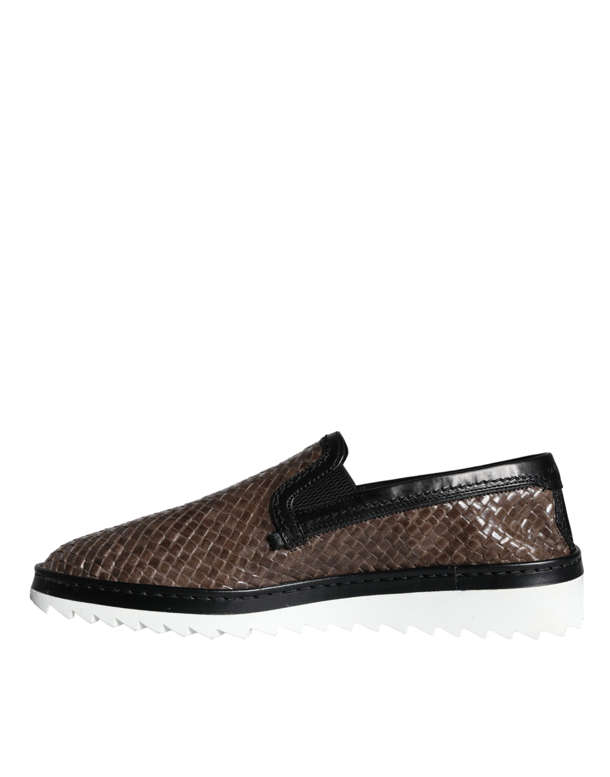 Dolce & Gabbana Braun Schwarz Leder Gewebte Herren Loafer Schuhe