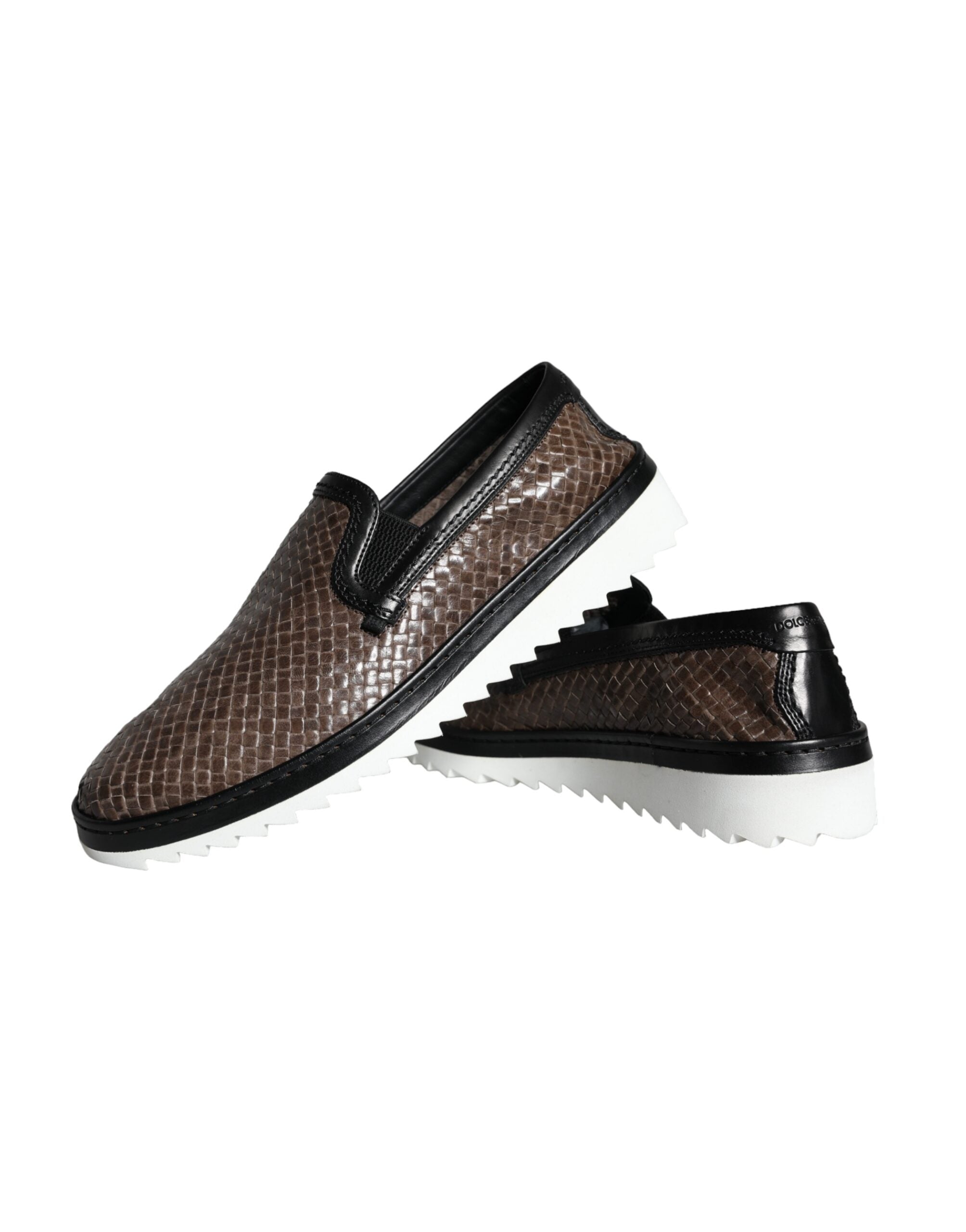 Dolce & Gabbana Braun Schwarz Leder Gewebte Herren Loafer Schuhe