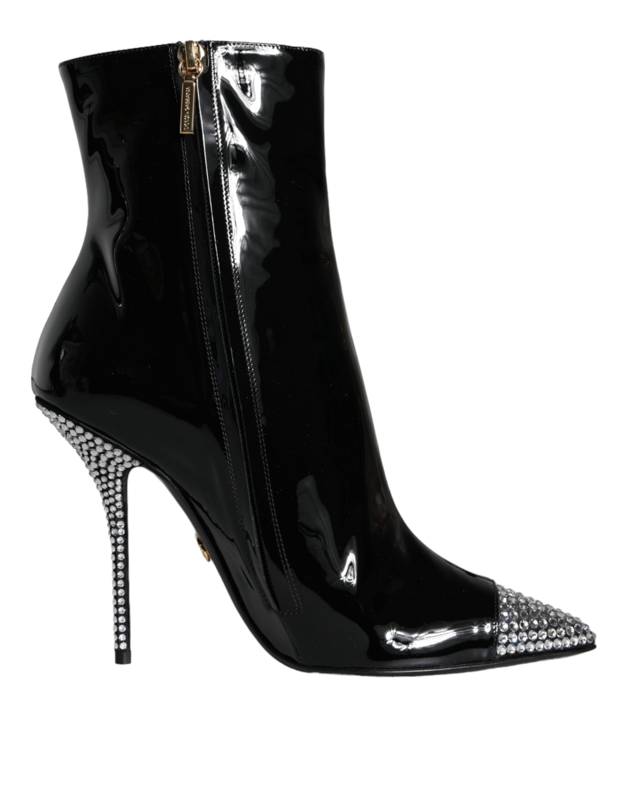 Dolce & Gabbana – Schwarze Stiefel aus Lackleder mit Kristallabsatz