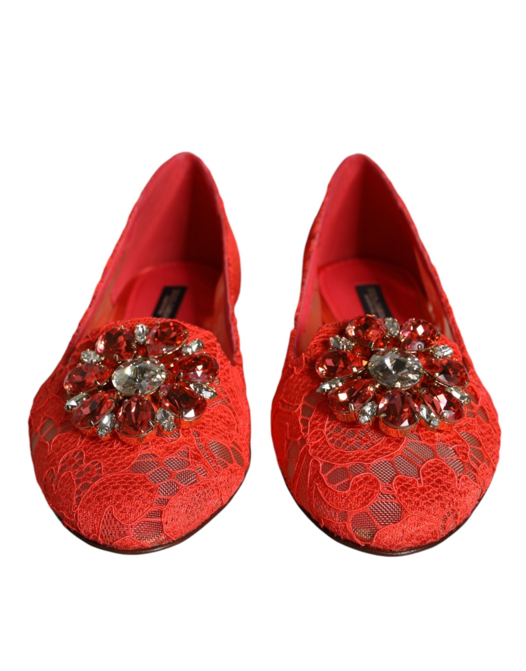 Mocasini balerini Dolce & Gabbana cu dantelă coral și cristale