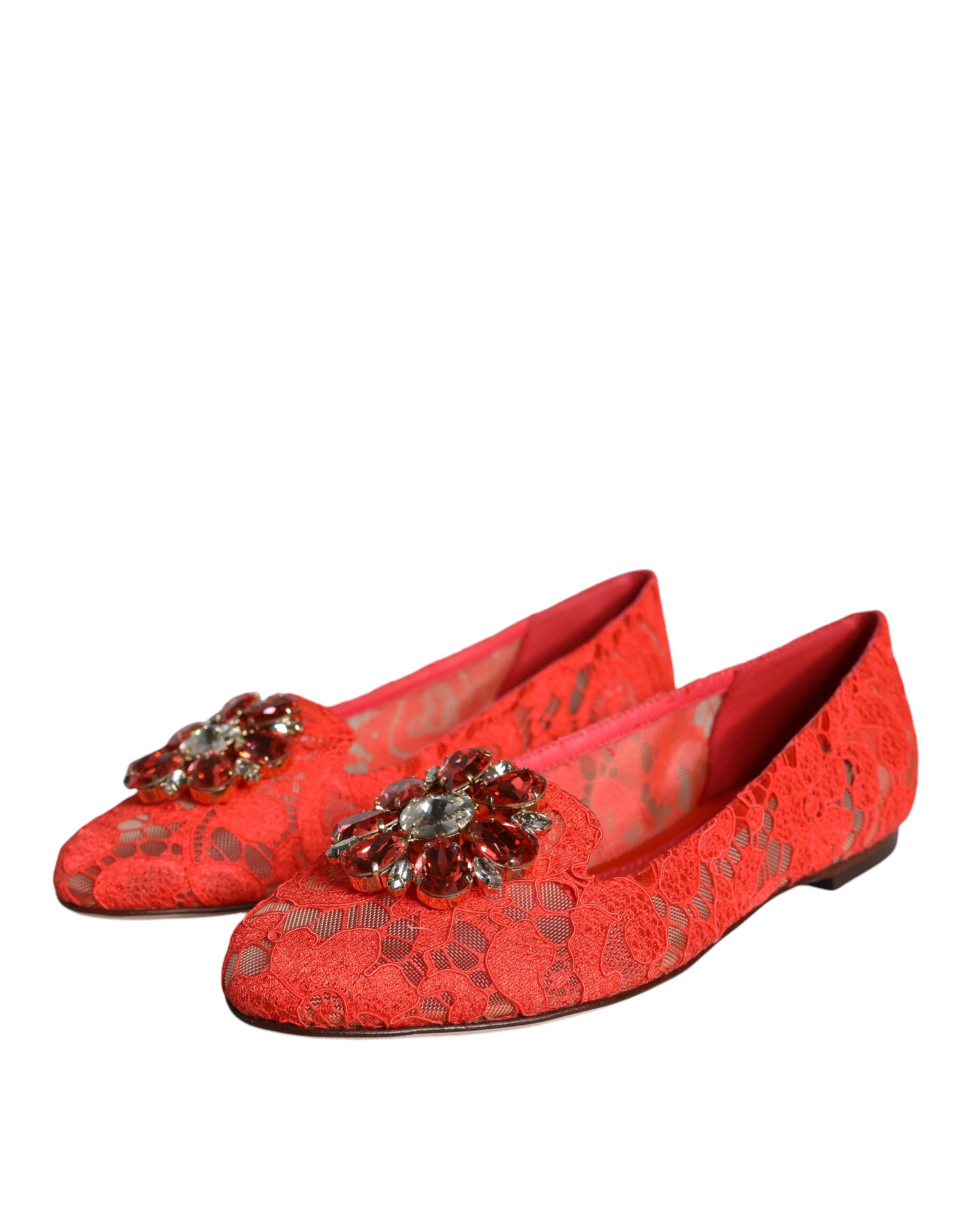 Mocasini balerini Dolce & Gabbana cu dantelă coral și cristale