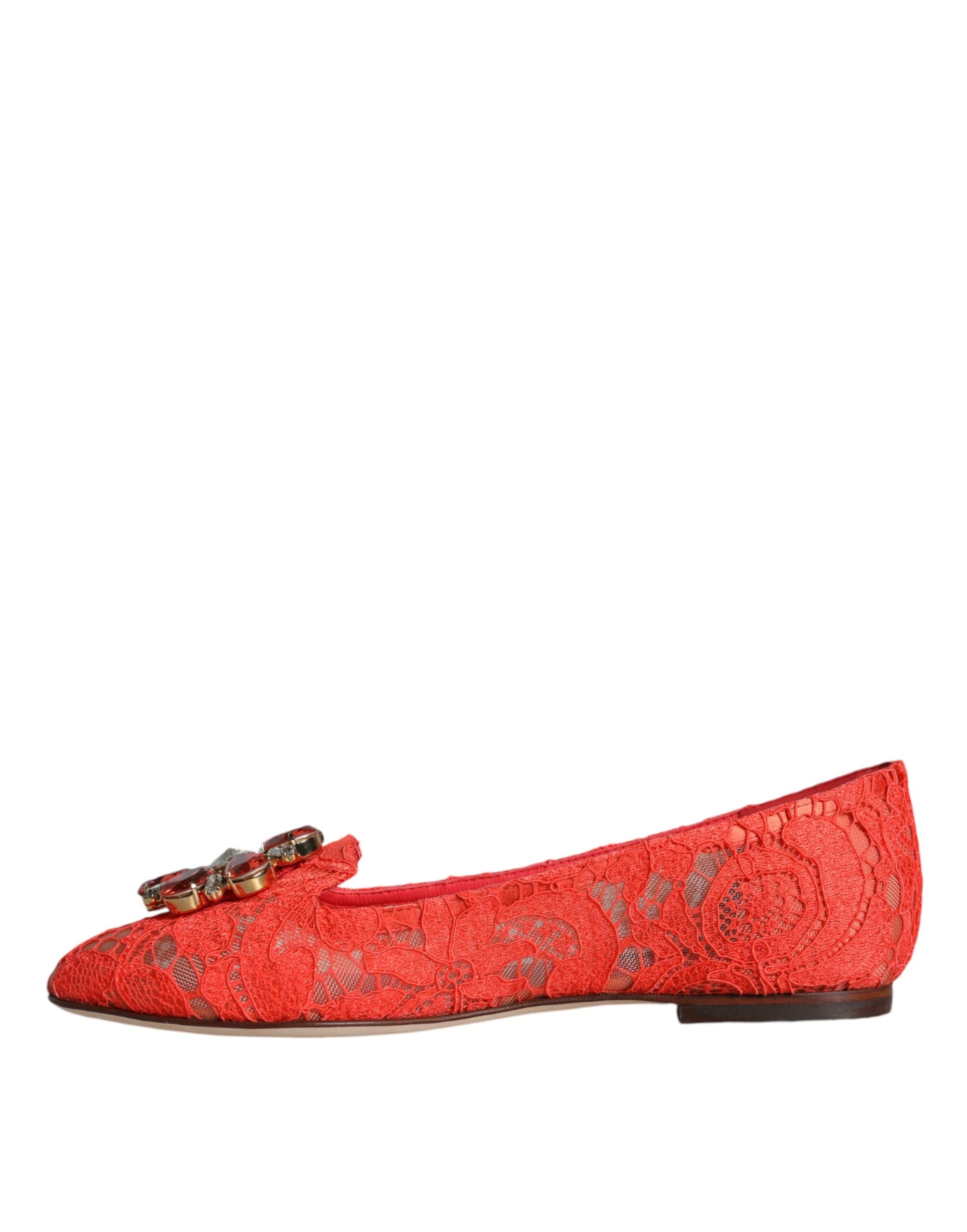Mocasini balerini Dolce & Gabbana cu dantelă coral și cristale