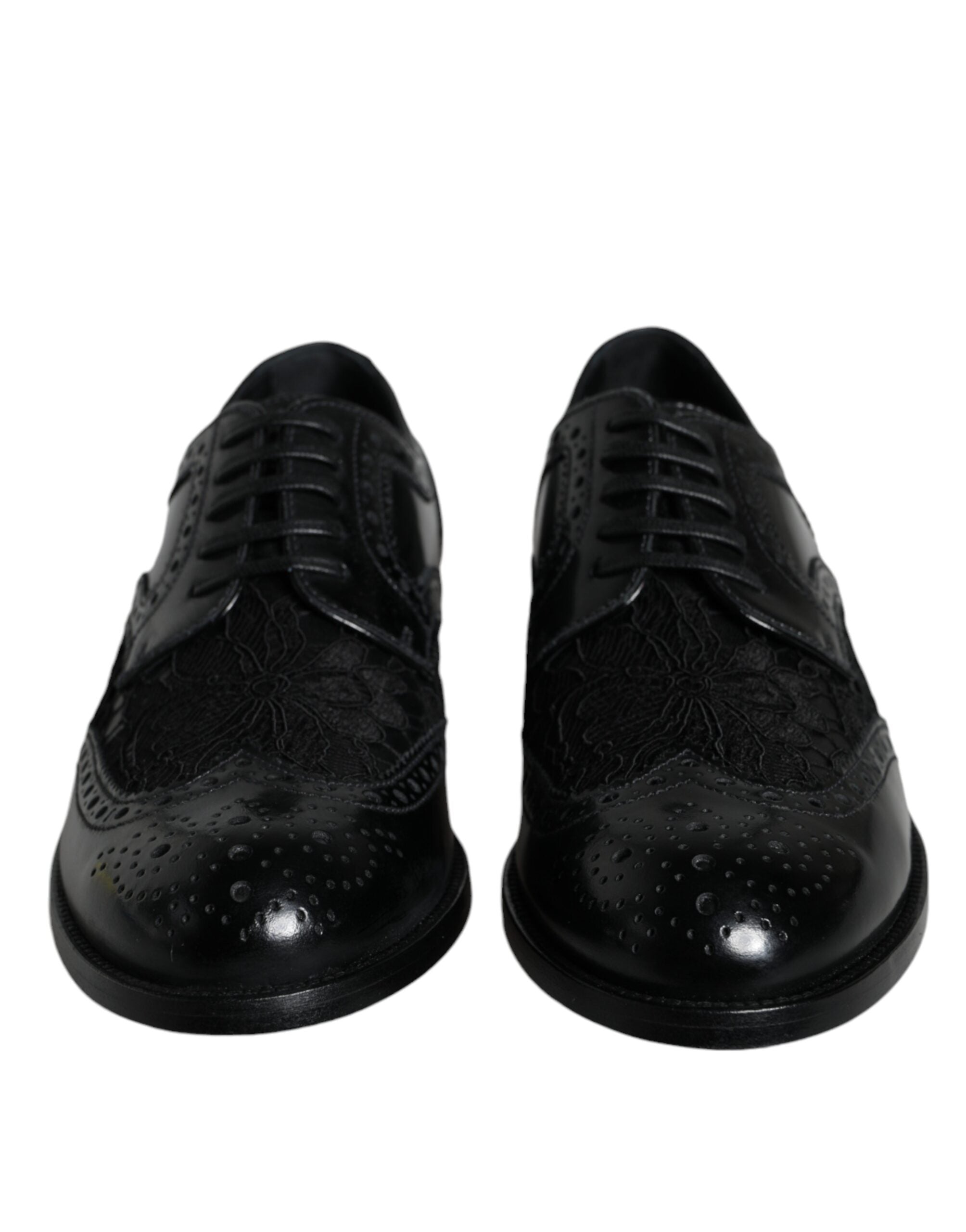 Dolce & Gabbana – Formelle Schuhe aus schwarzem Leder mit floraler Spitze