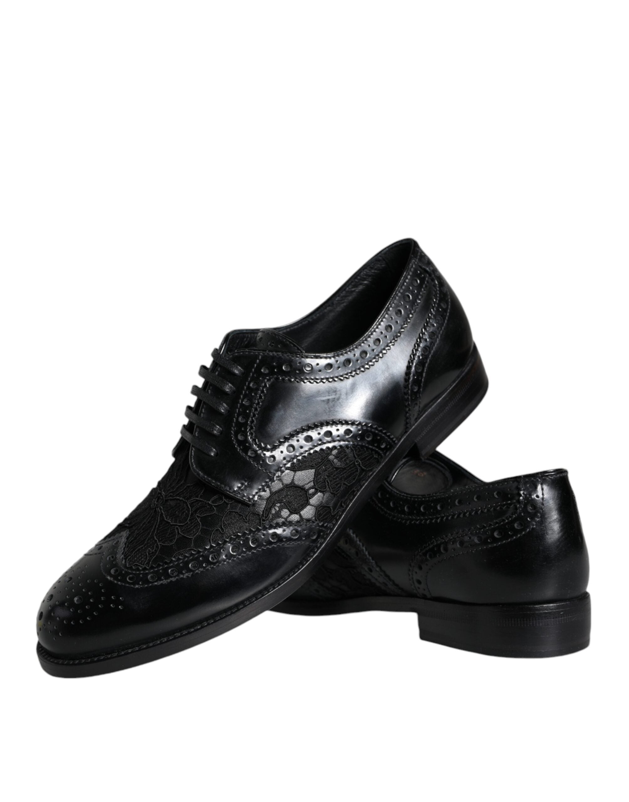 Dolce & Gabbana – Formelle Schuhe aus schwarzem Leder mit floraler Spitze