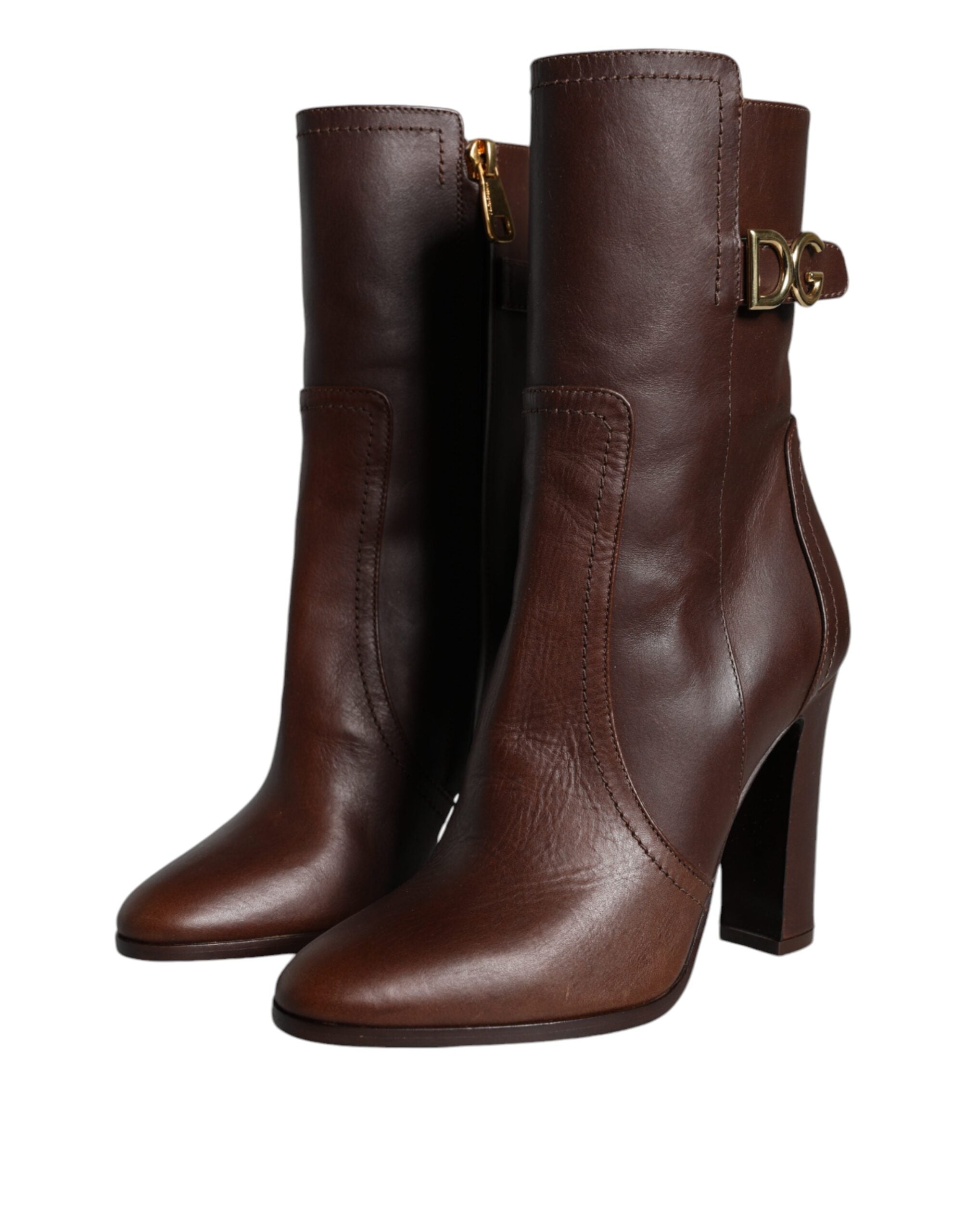 Dolce & Gabbana Braune Leder Heels Halbhohe Stiefel Schuhe