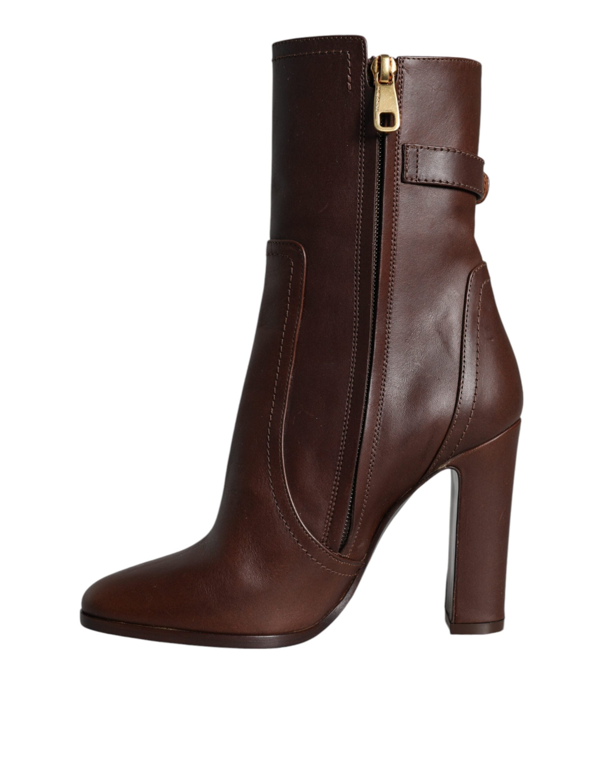 Dolce & Gabbana Braune Leder Heels Halbhohe Stiefel Schuhe