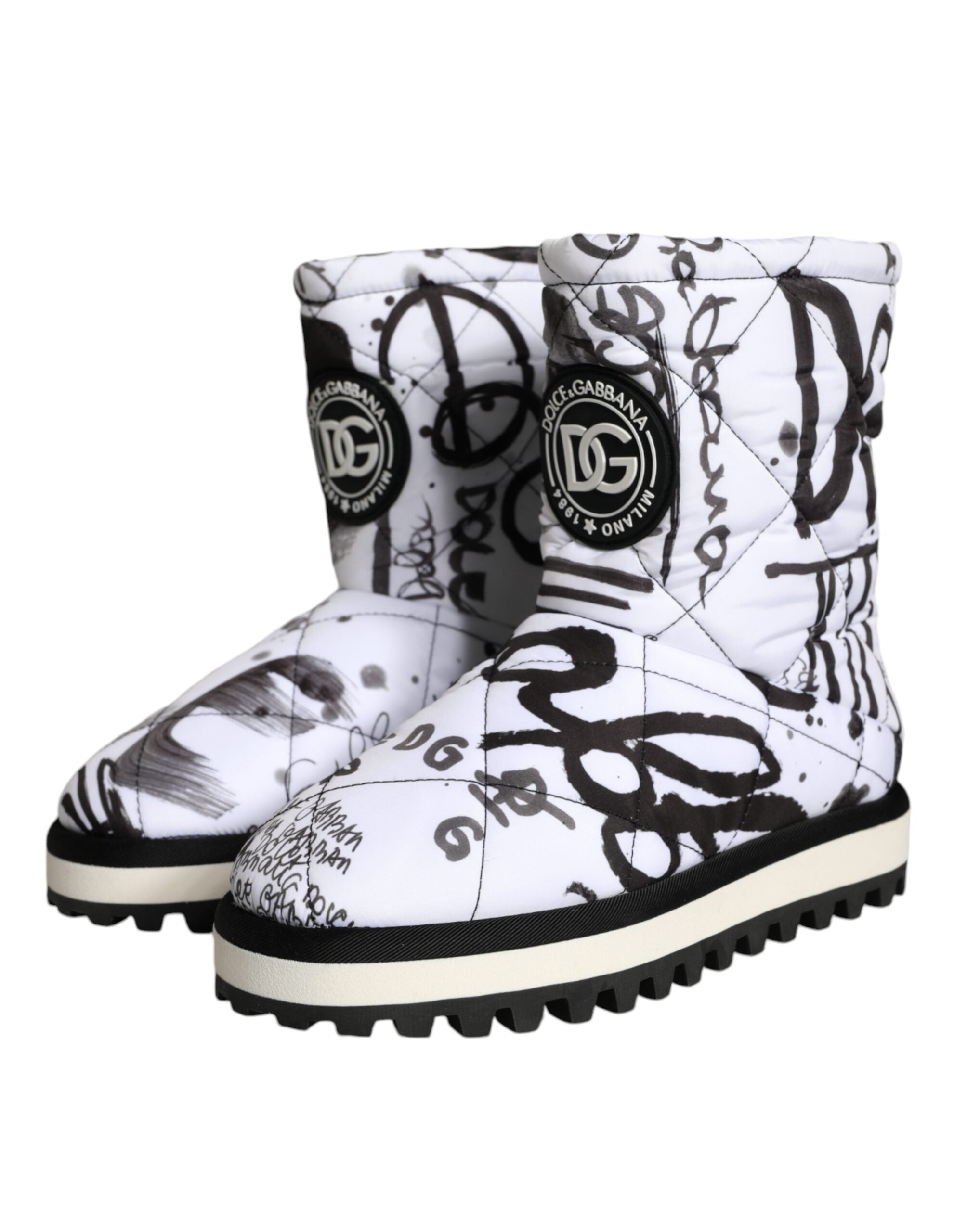 Dolce & Gabbana – Weiße, gepolsterte Stiefel mit Logo-Print, wadenlang