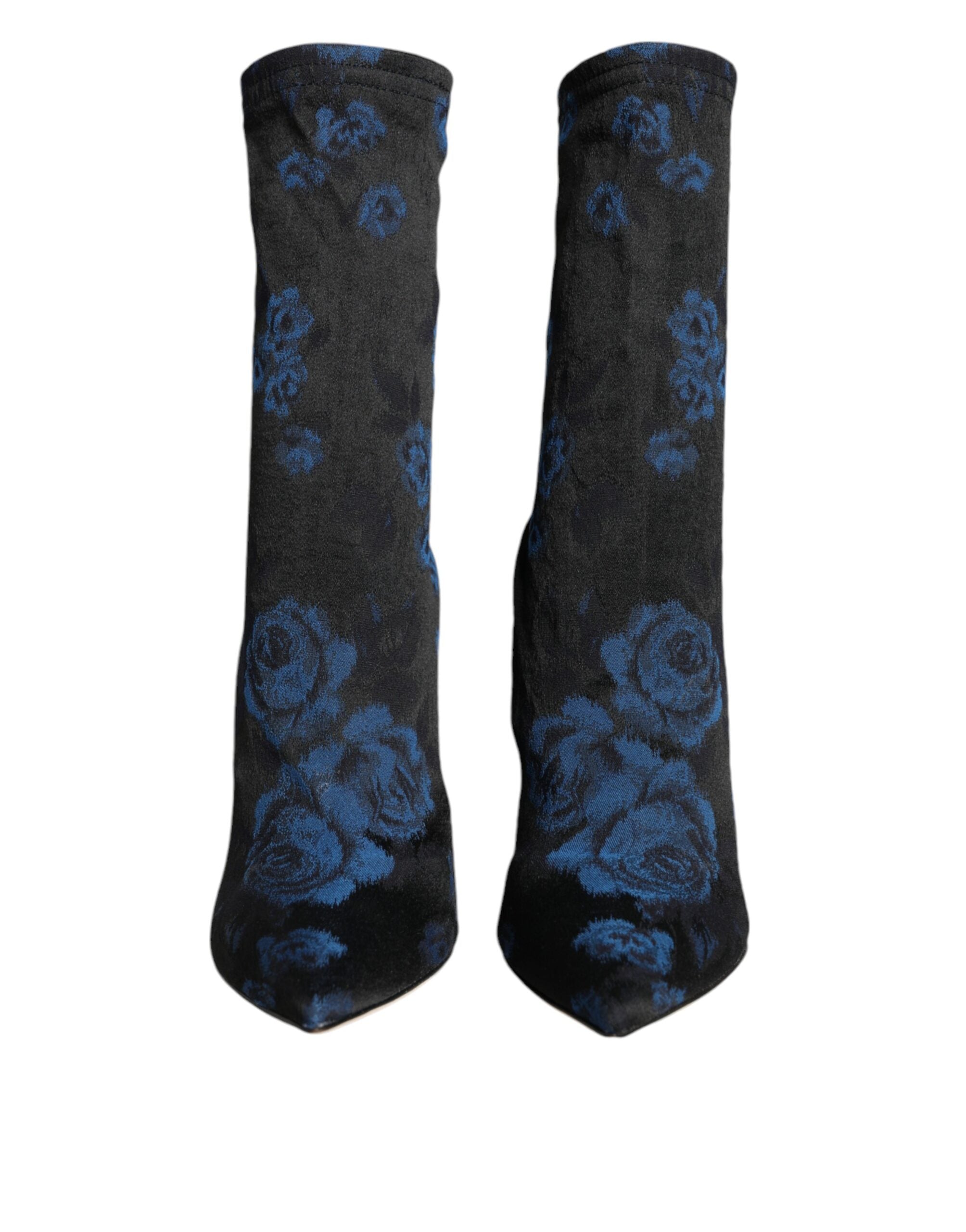 Dolce & Gabbana – Schwarze Stretch-Stiefel mit Blumenmuster und halbhohem Schaft