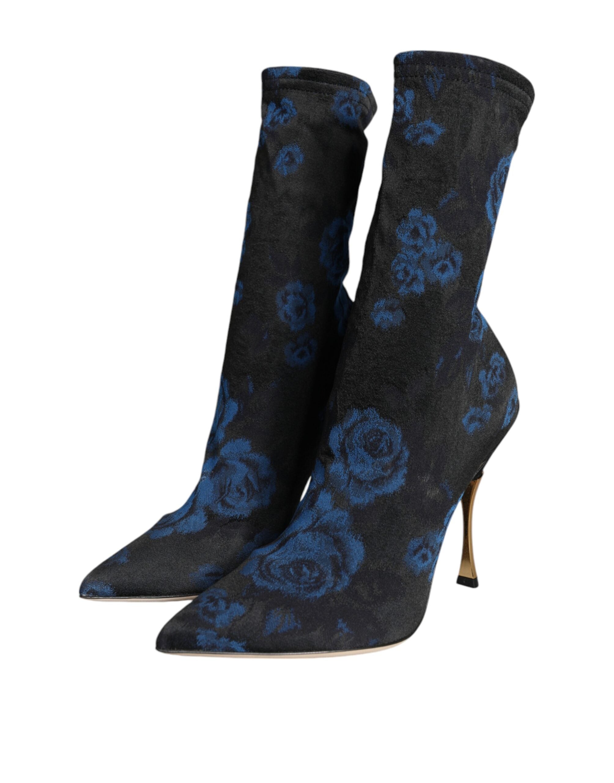 Dolce & Gabbana – Schwarze Stretch-Stiefel mit Blumenmuster und halbhohem Schaft