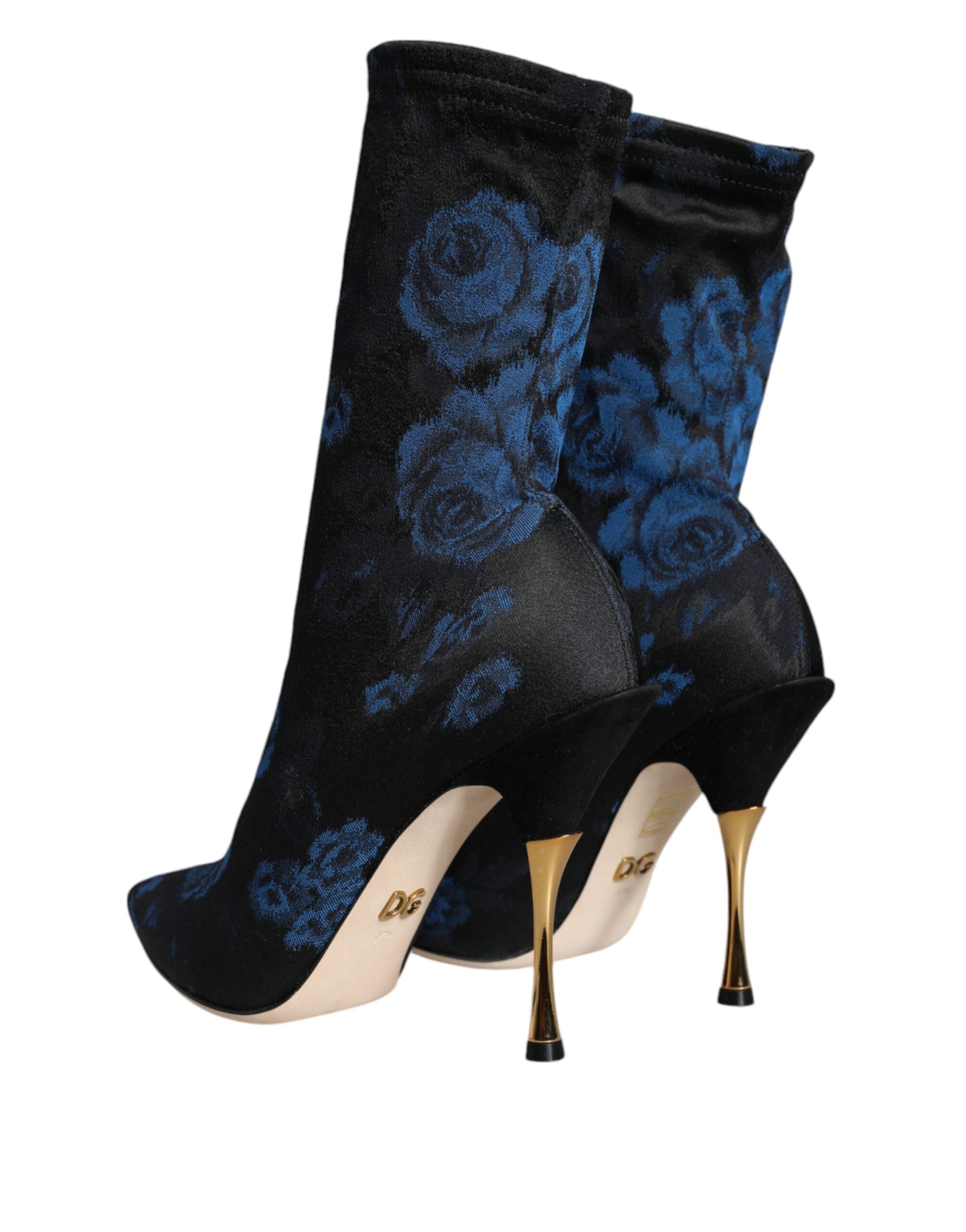 Dolce & Gabbana – Schwarze Stretch-Stiefel mit Blumenmuster und halbhohem Schaft