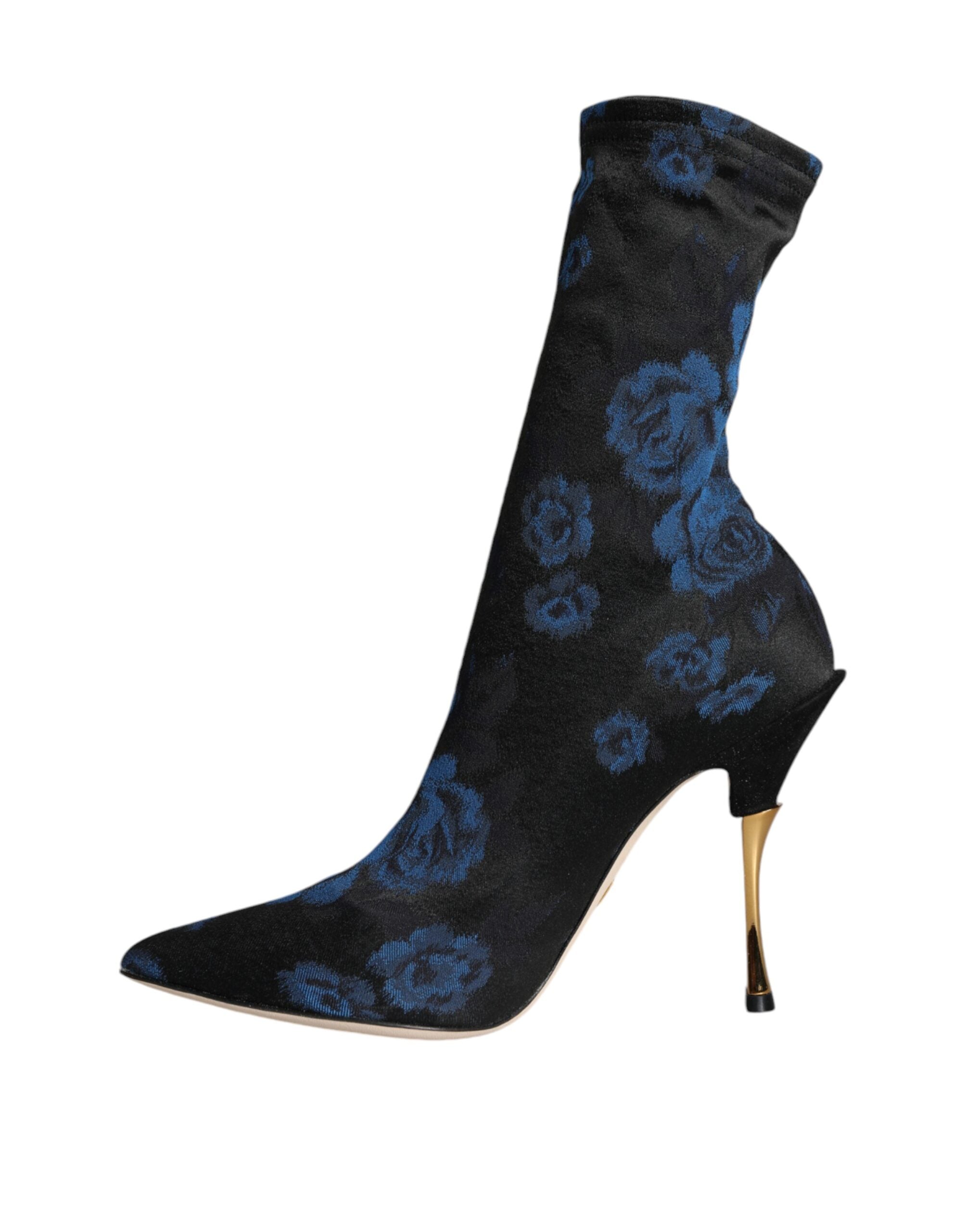 Dolce & Gabbana – Schwarze Stretch-Stiefel mit Blumenmuster und halbhohem Schaft