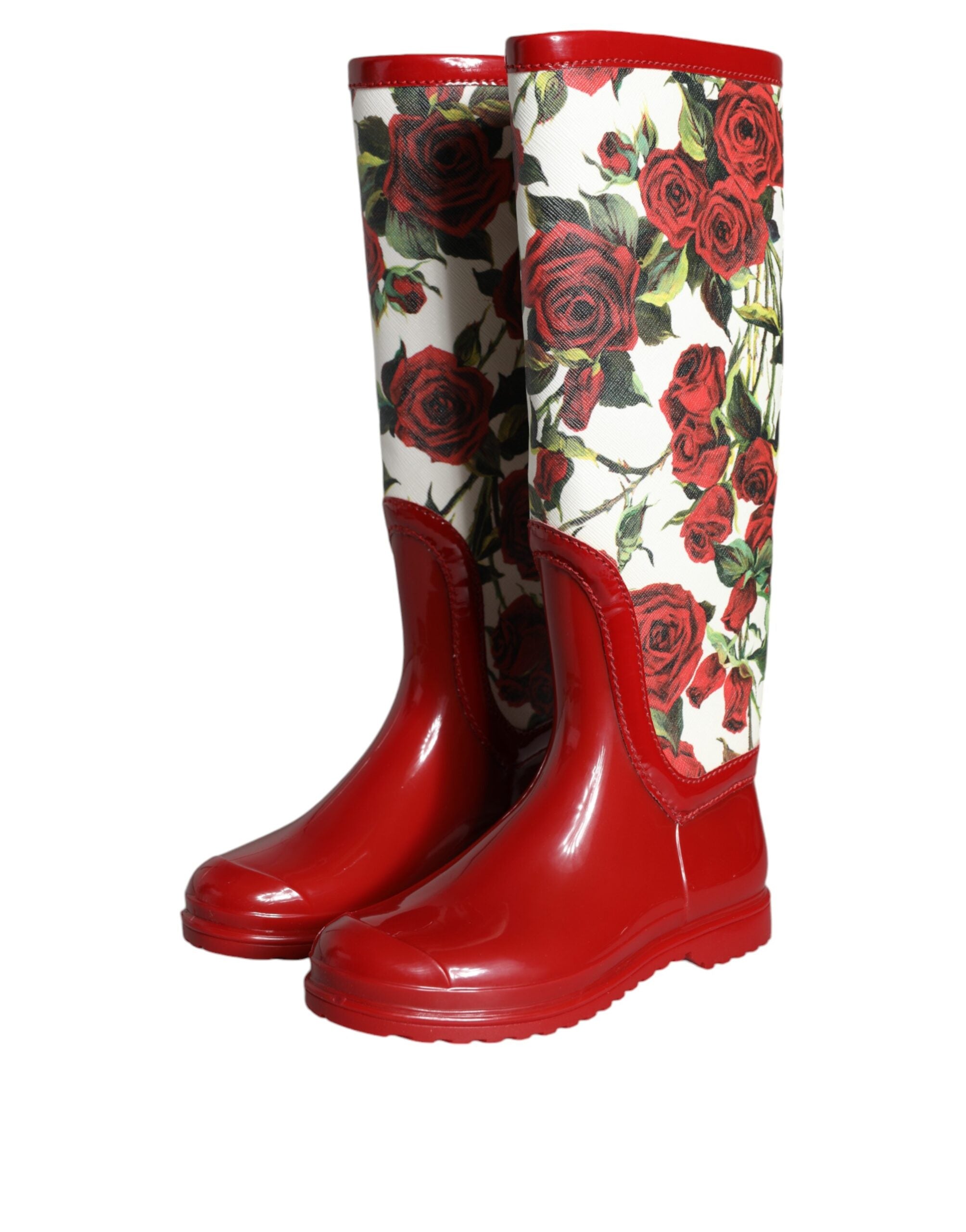 Dolce & Gabbana Rote, florale Gummistiefel mit kniehohen, flachen Schuhen