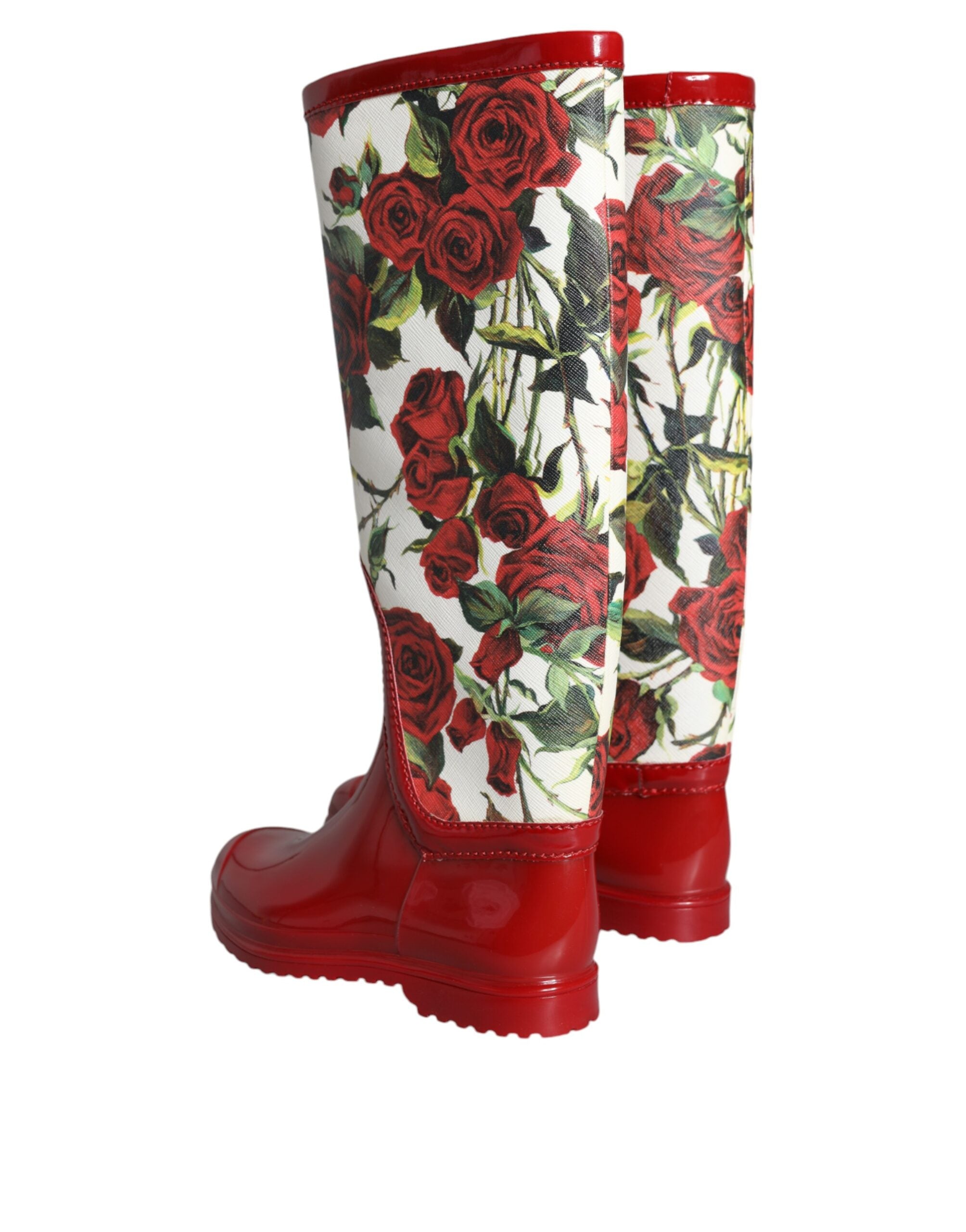 Dolce & Gabbana Rote, florale Gummistiefel mit kniehohen, flachen Schuhen
