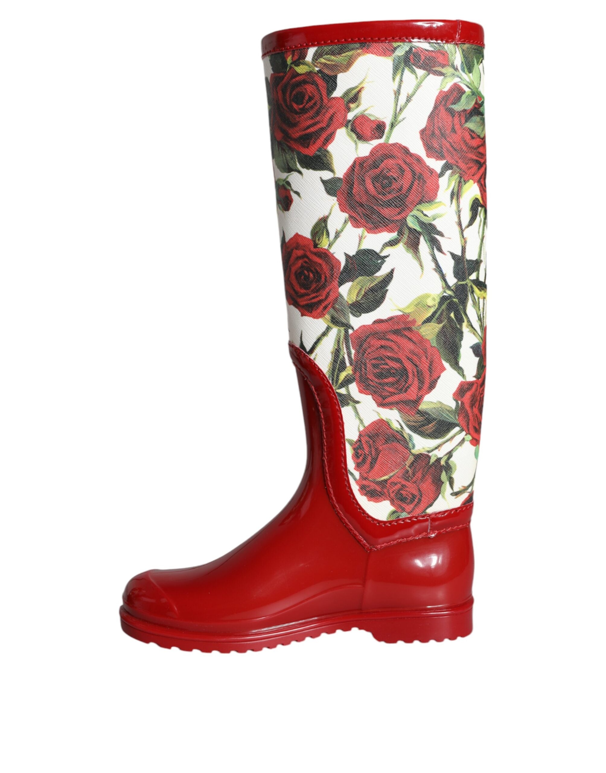 Dolce & Gabbana Rote, florale Gummistiefel mit kniehohen, flachen Schuhen