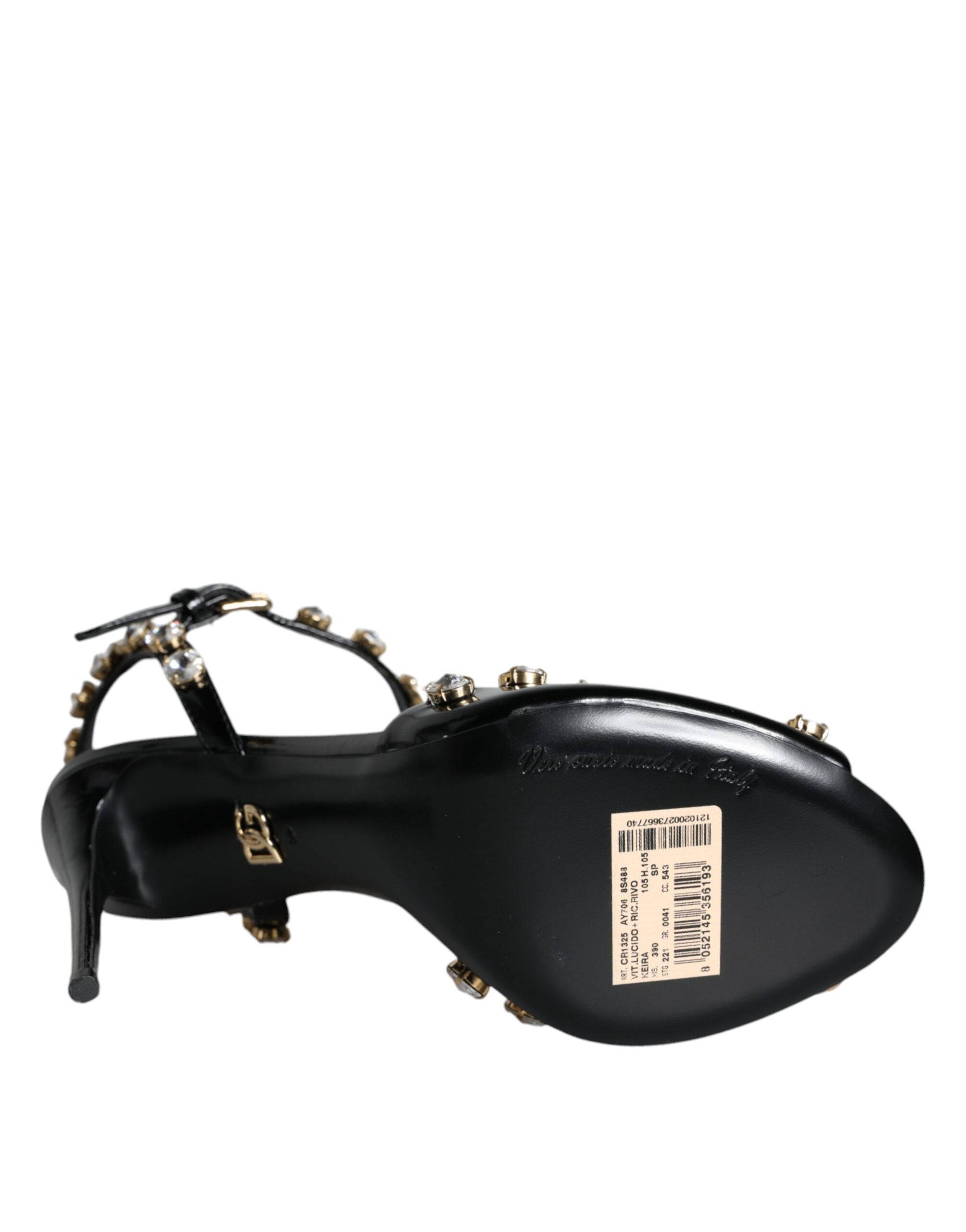 Dolce & Gabbana Schwarze Sandalen aus Leder mit Knöchelriemen und Kristallen