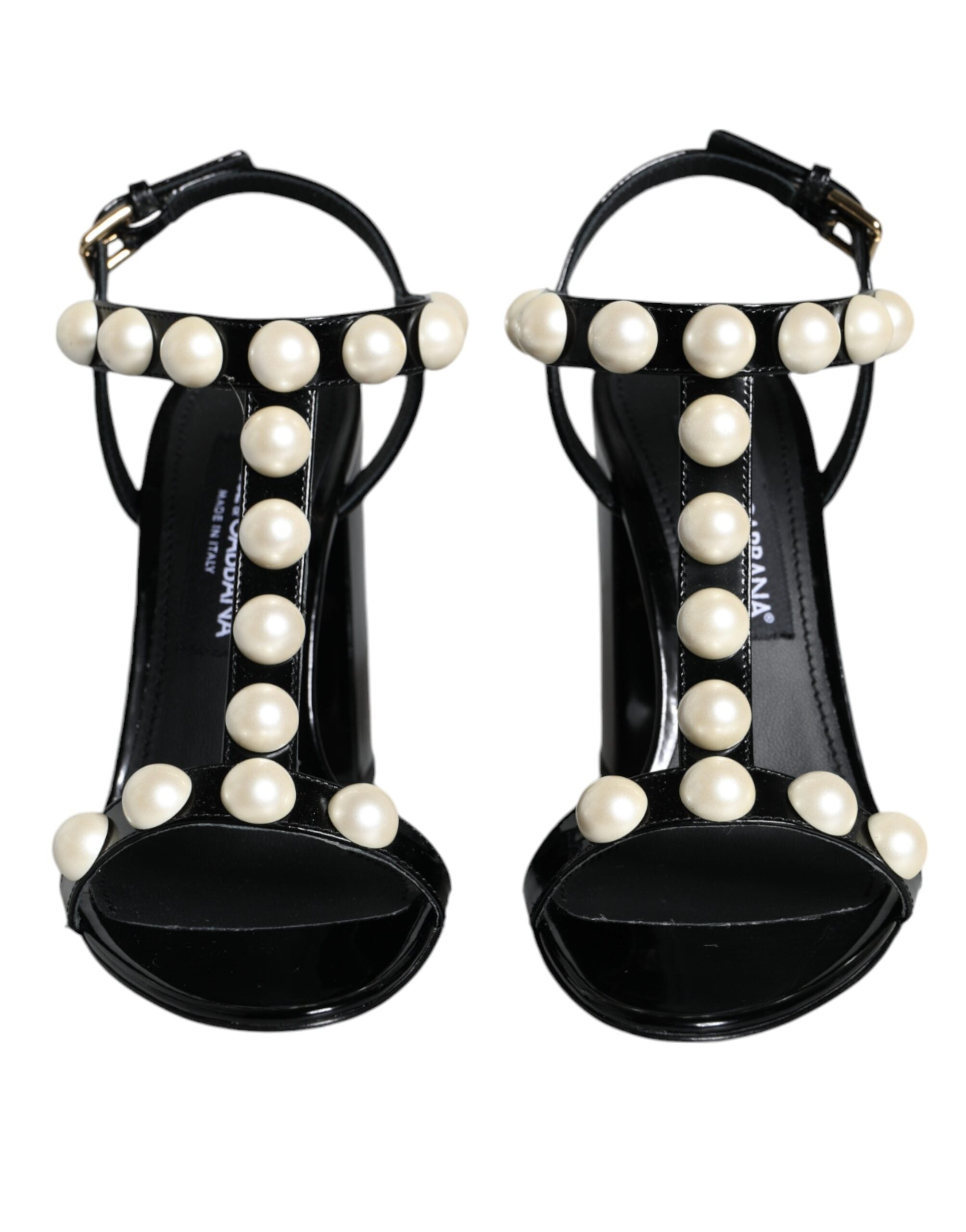 Dolce & Gabbana – Sandalen mit T-Riemen und Perlen in Schwarz aus Leder