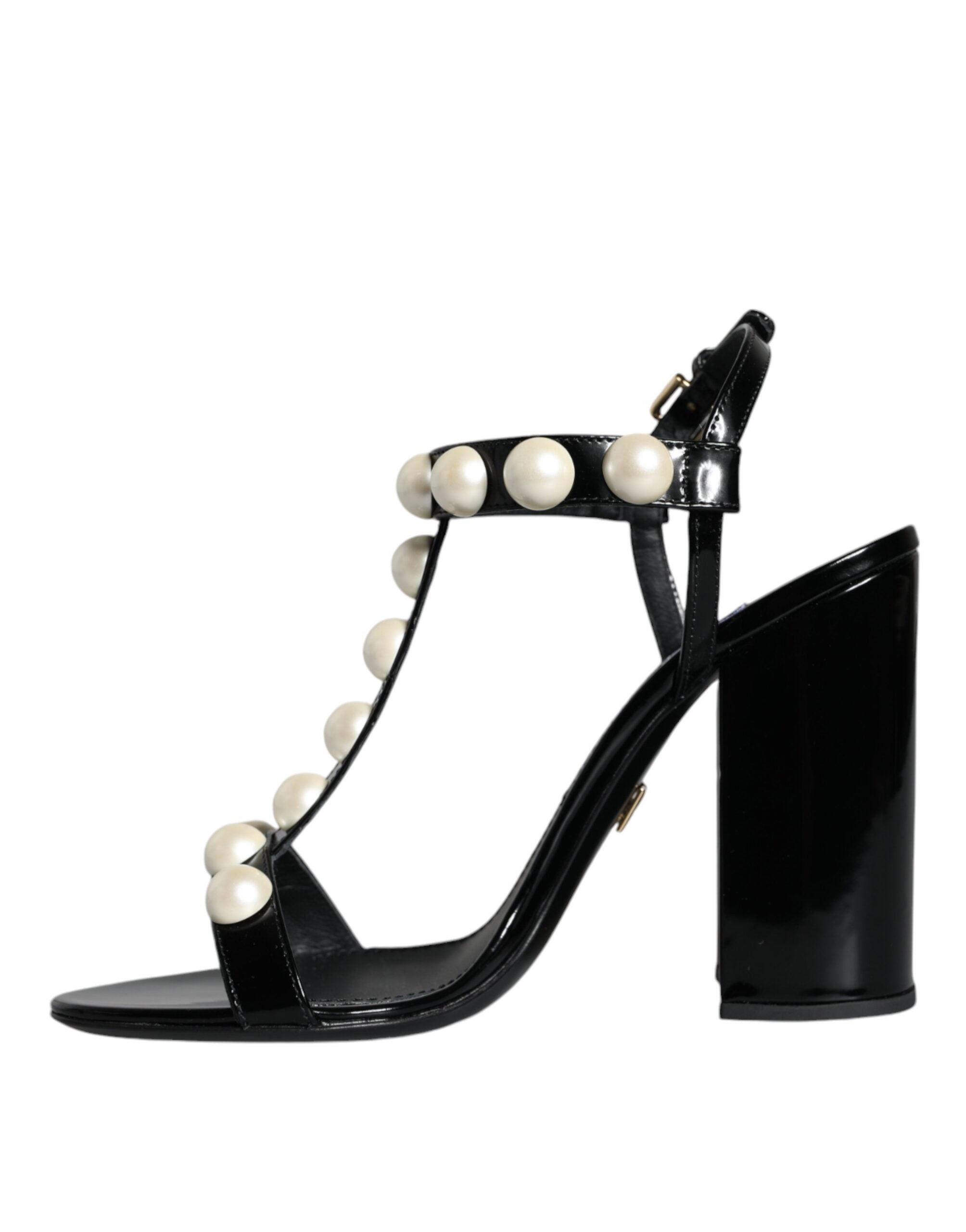 Dolce & Gabbana – Sandalen mit T-Riemen und Perlen in Schwarz aus Leder
