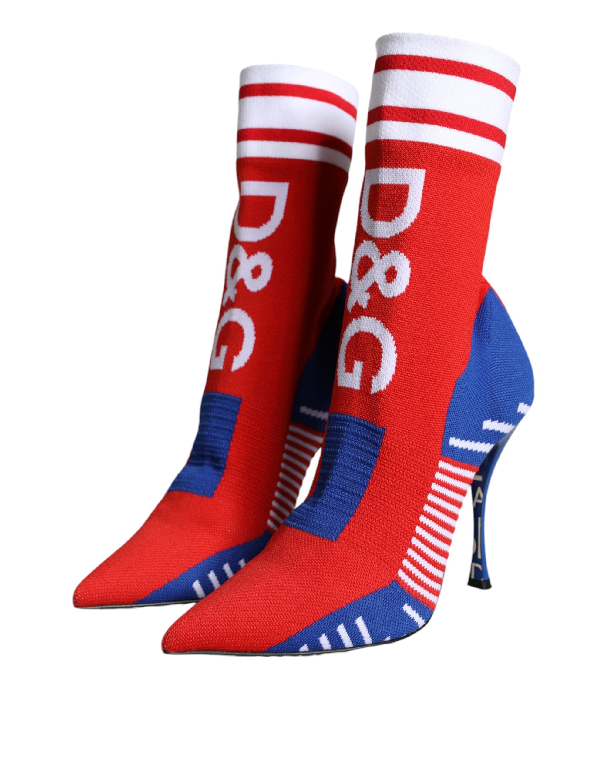 Dolce & Gabbana – Rot-blaue Stretch-Stiefeletten im Sockenstil mit Logo