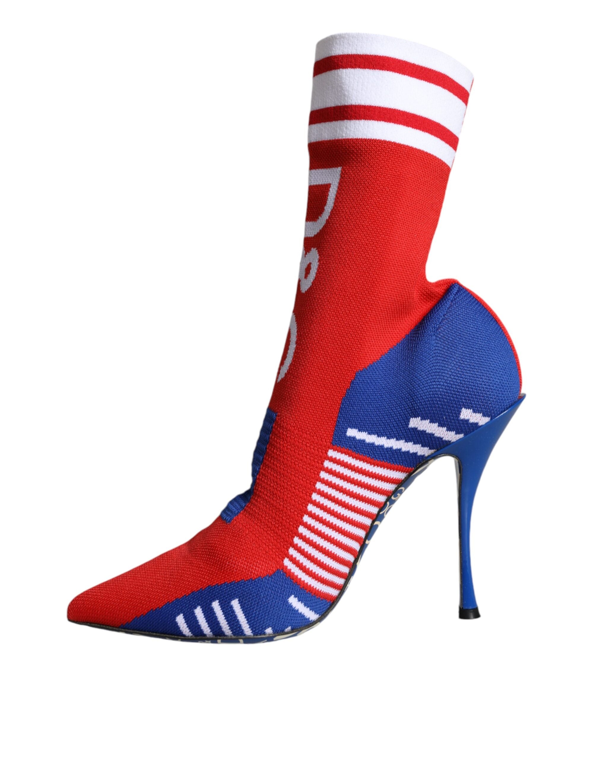Dolce & Gabbana – Rot-blaue Stretch-Stiefeletten im Sockenstil mit Logo
