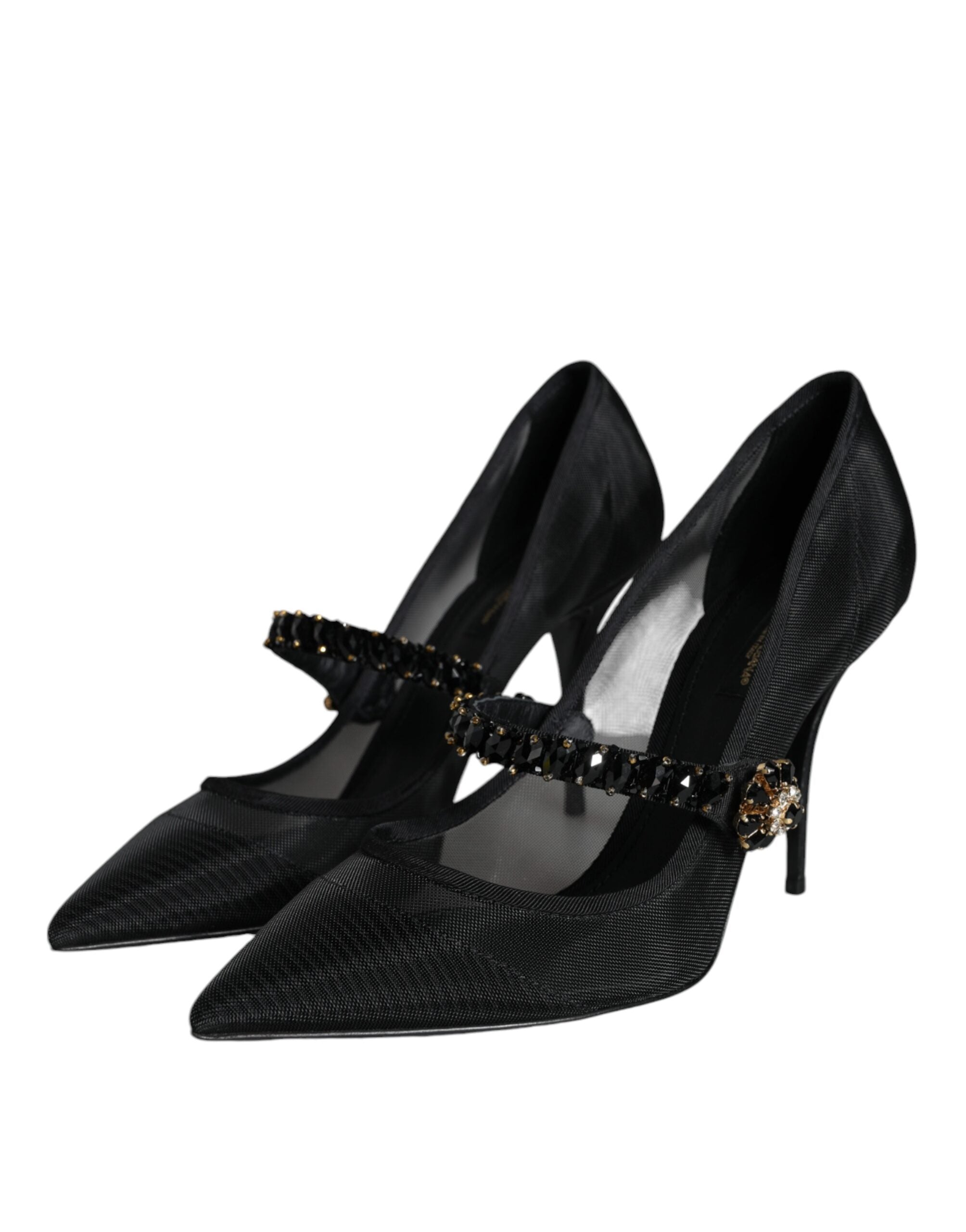 Dolce & Gabbana – Schwarze Mary-Jane-Pumps aus Netzstoff mit Kristallabsatz