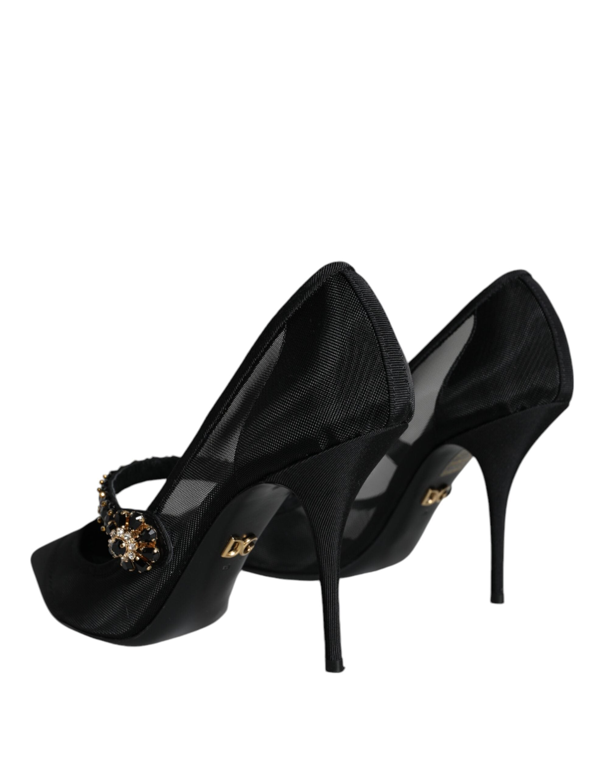 Dolce & Gabbana – Schwarze Mary-Jane-Pumps aus Netzstoff mit Kristallabsatz