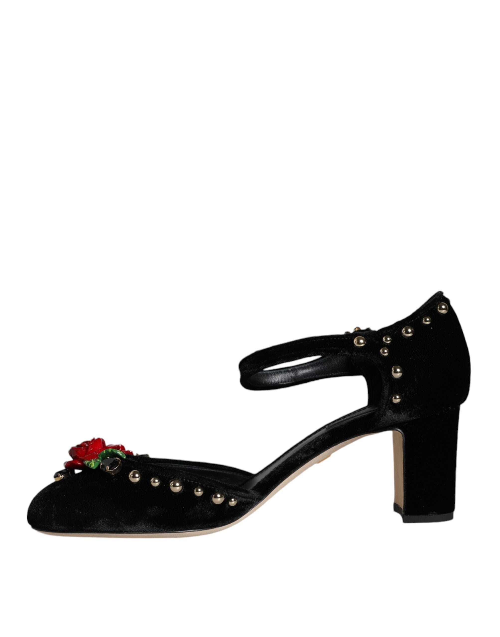 Dolce & Gabbana – Pumps mit Knöchelriemen und Rosenmuster in Schwarz