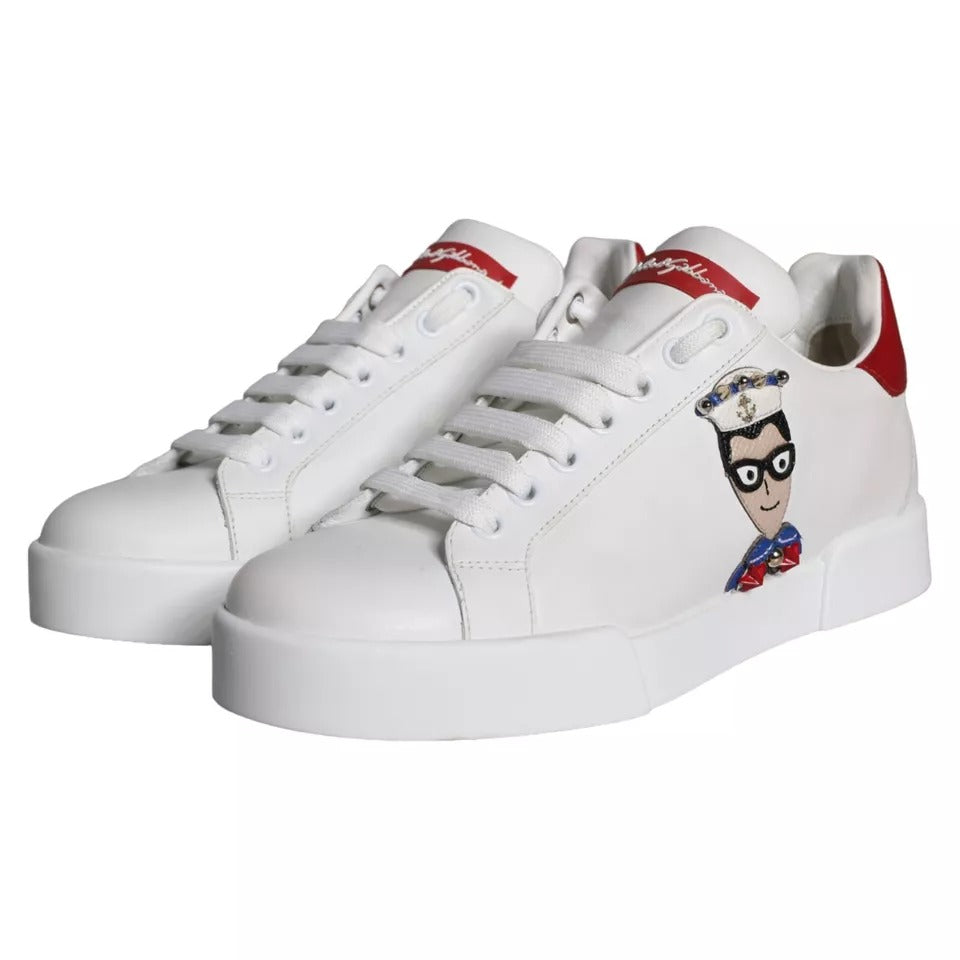 Dolce & Gabbana – Portofino-Sneakers aus Kalbsnappaleder in Weiß mit Patch