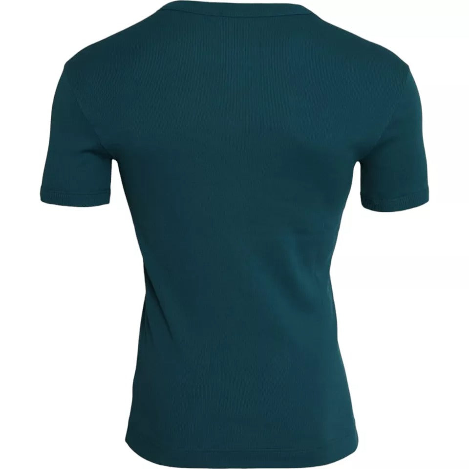 Tricou Dolce & Gabbana albastru-verde din bumbac cu guler rotund și mânecă scurtă