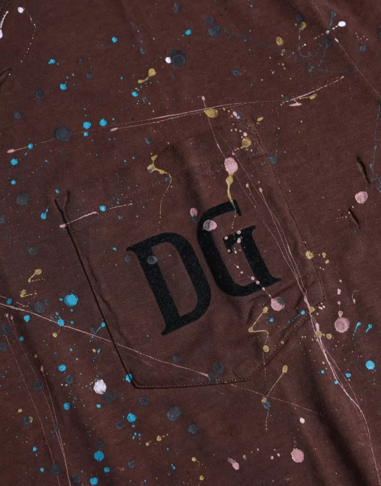 Dolce & Gabbana Braunes T-Shirt aus Baumwolle mit Farbspritzern und Rundhalsausschnitt